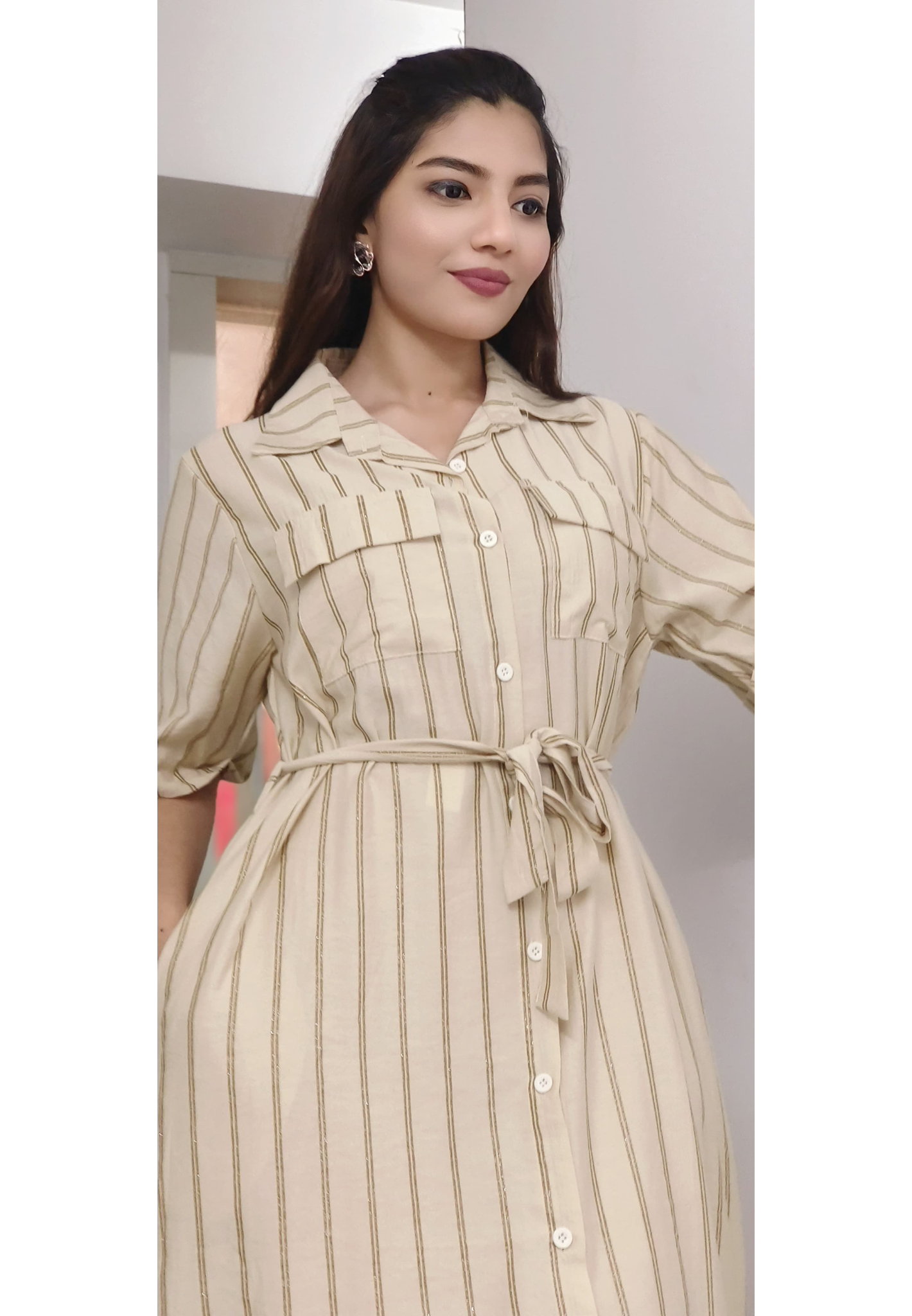 Light Shimmer Striped Collared Shirt Dress With Belt