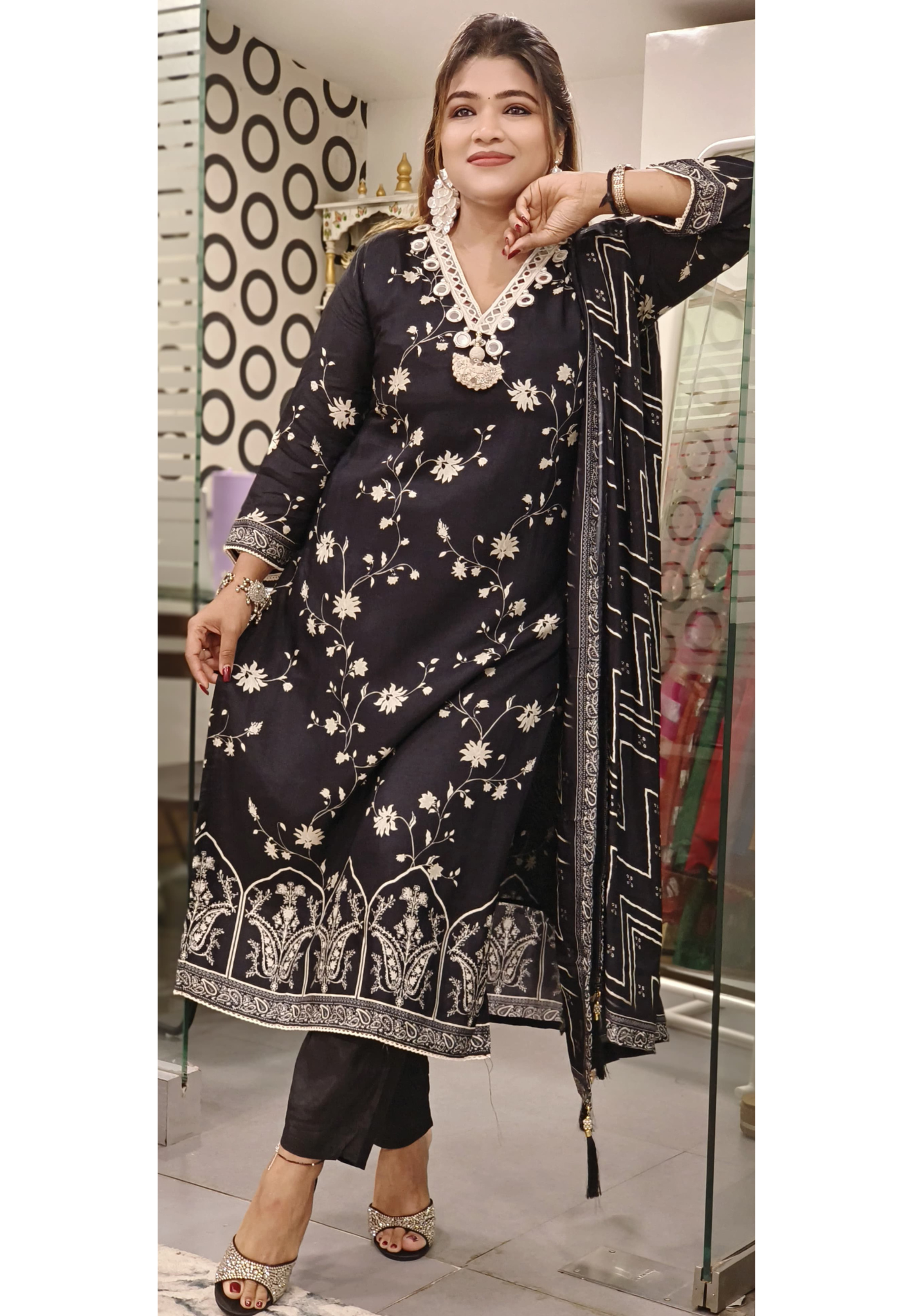 Mirror Work In Neck With Floral Prints Full Suit Set With Dupatta In Dola Silk Fabric