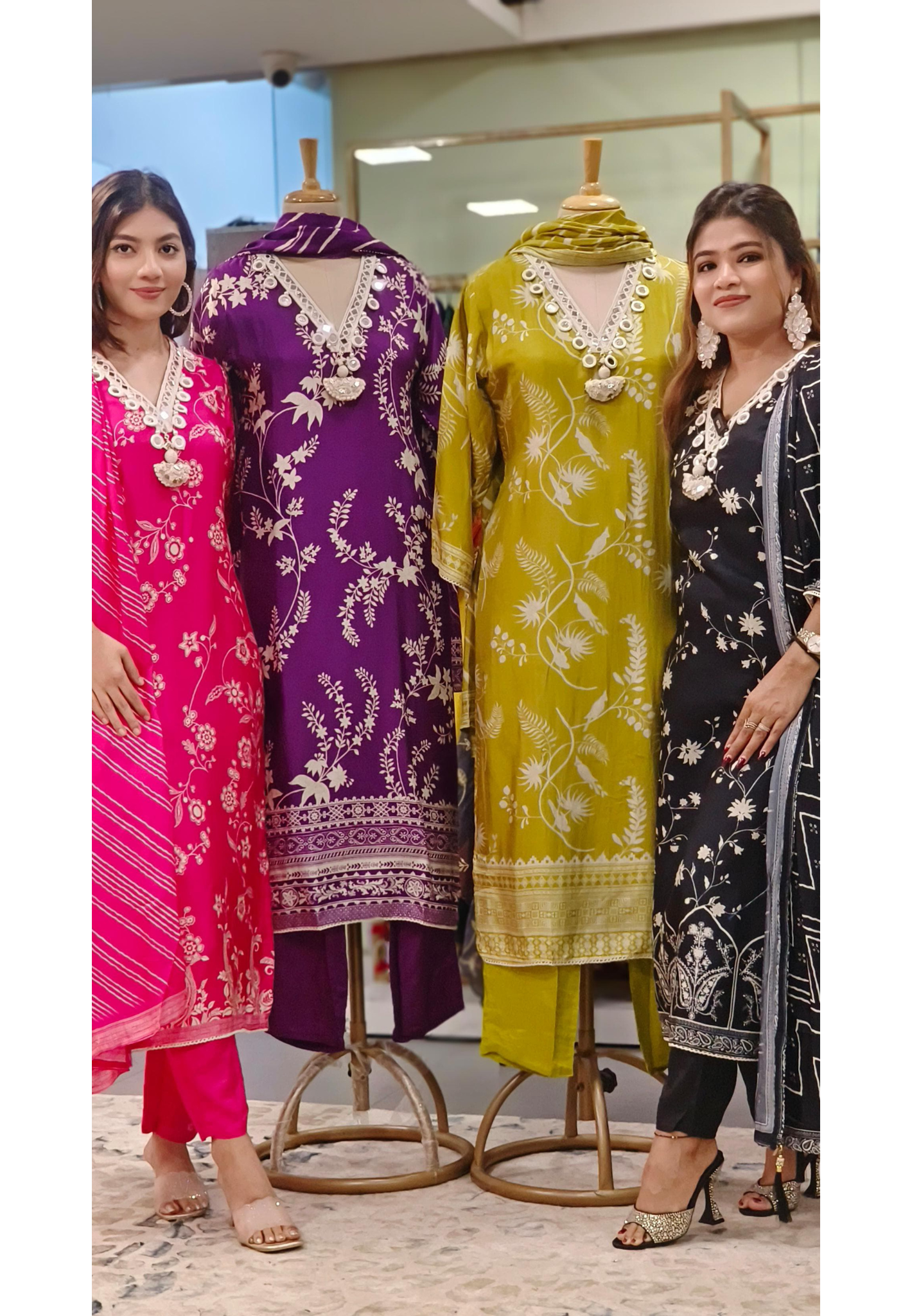 Mirror Work In Neck With Floral Prints Full Suit Set With Dupatta In Dola Silk Fabric