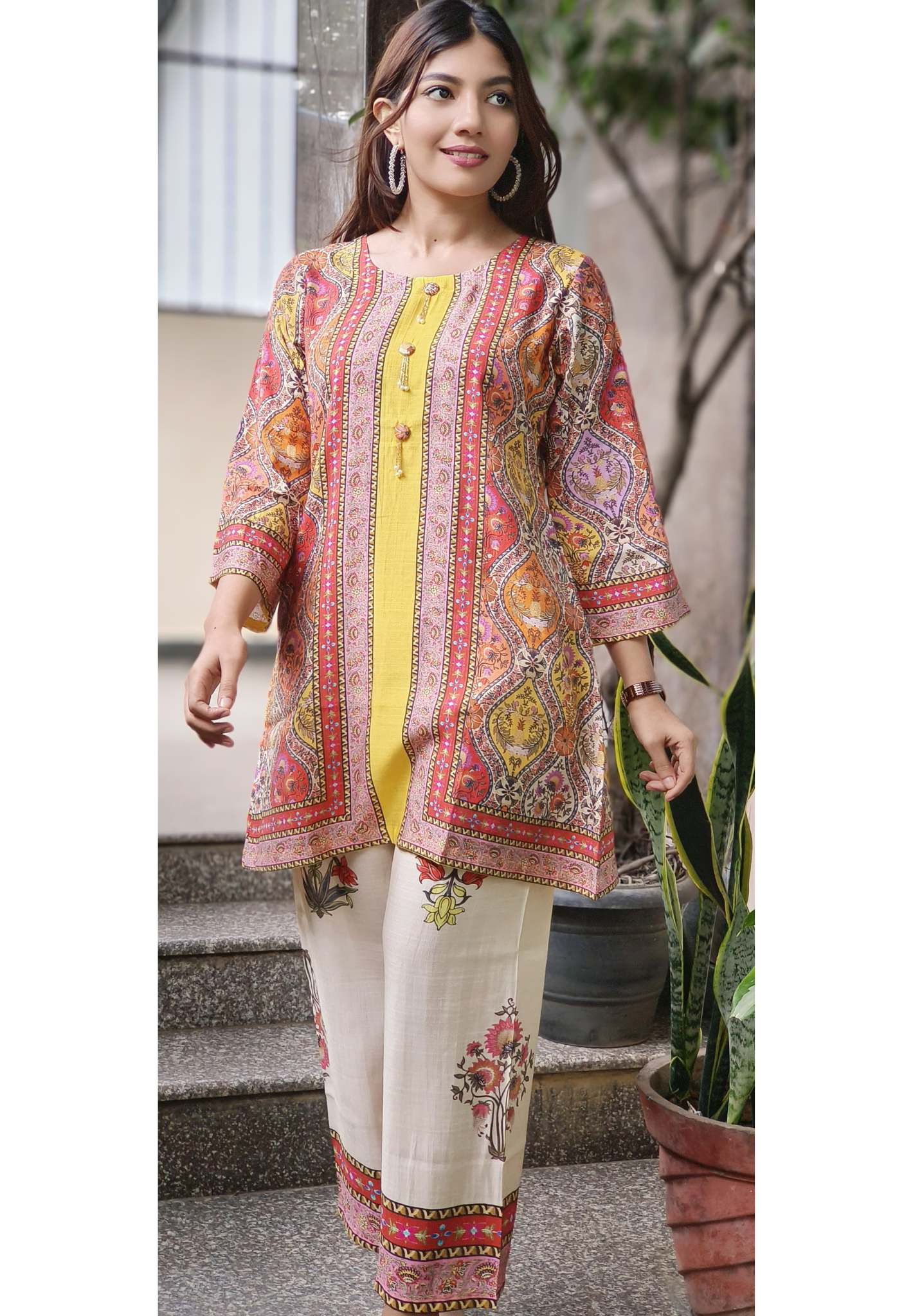 Multicolored Cultural Print Co-Ord Set In German Rayon Fabric