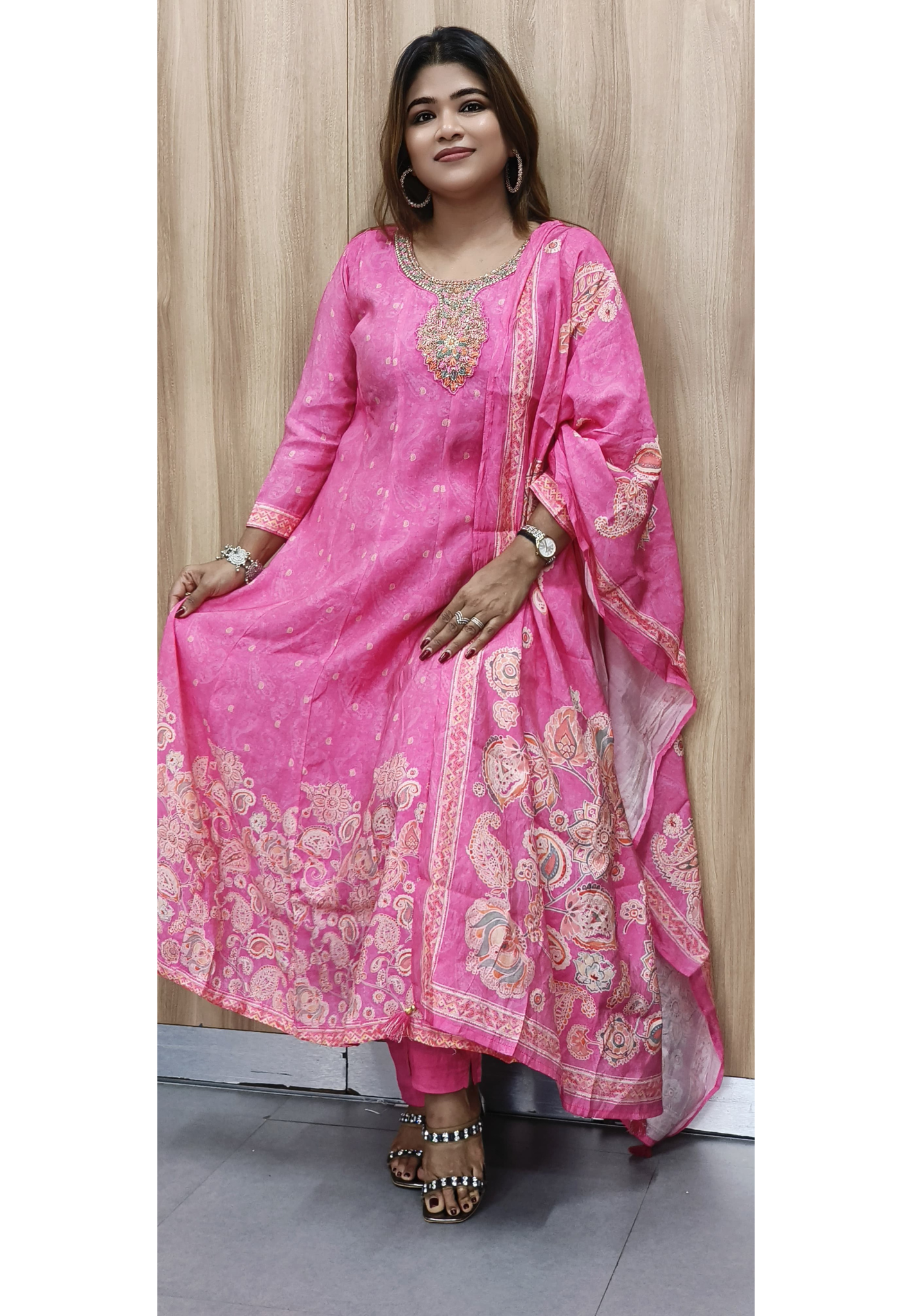 Full Handwork Sober Panel Anarkali Full Set In Muslin Fabric