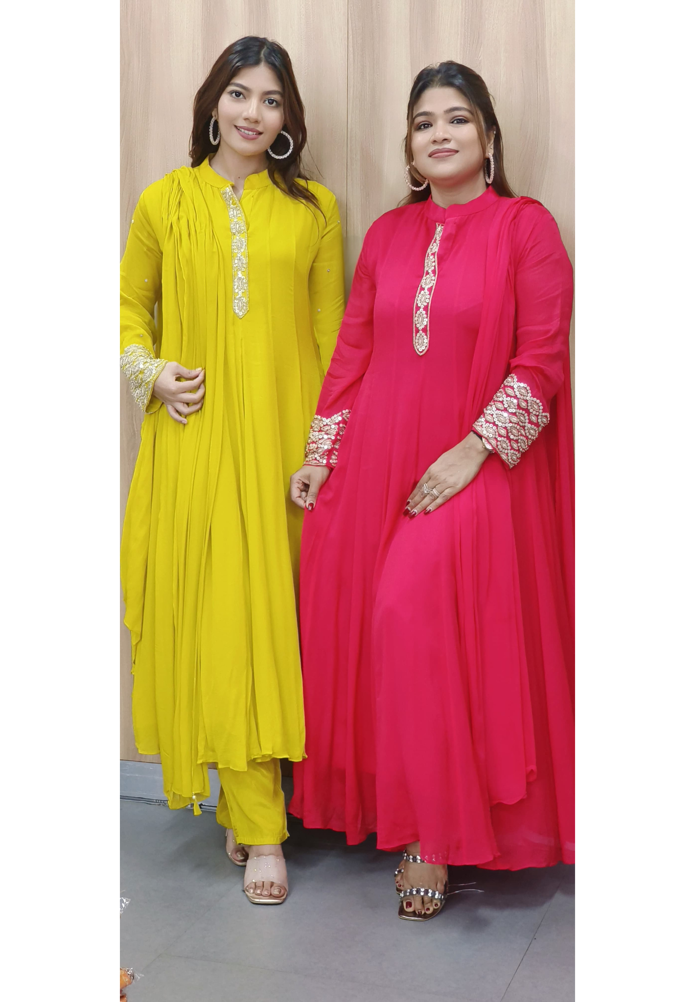 Minimal Lined Work Panel Anarkali Full Suit Set With Dupatta In Chinon Fabric