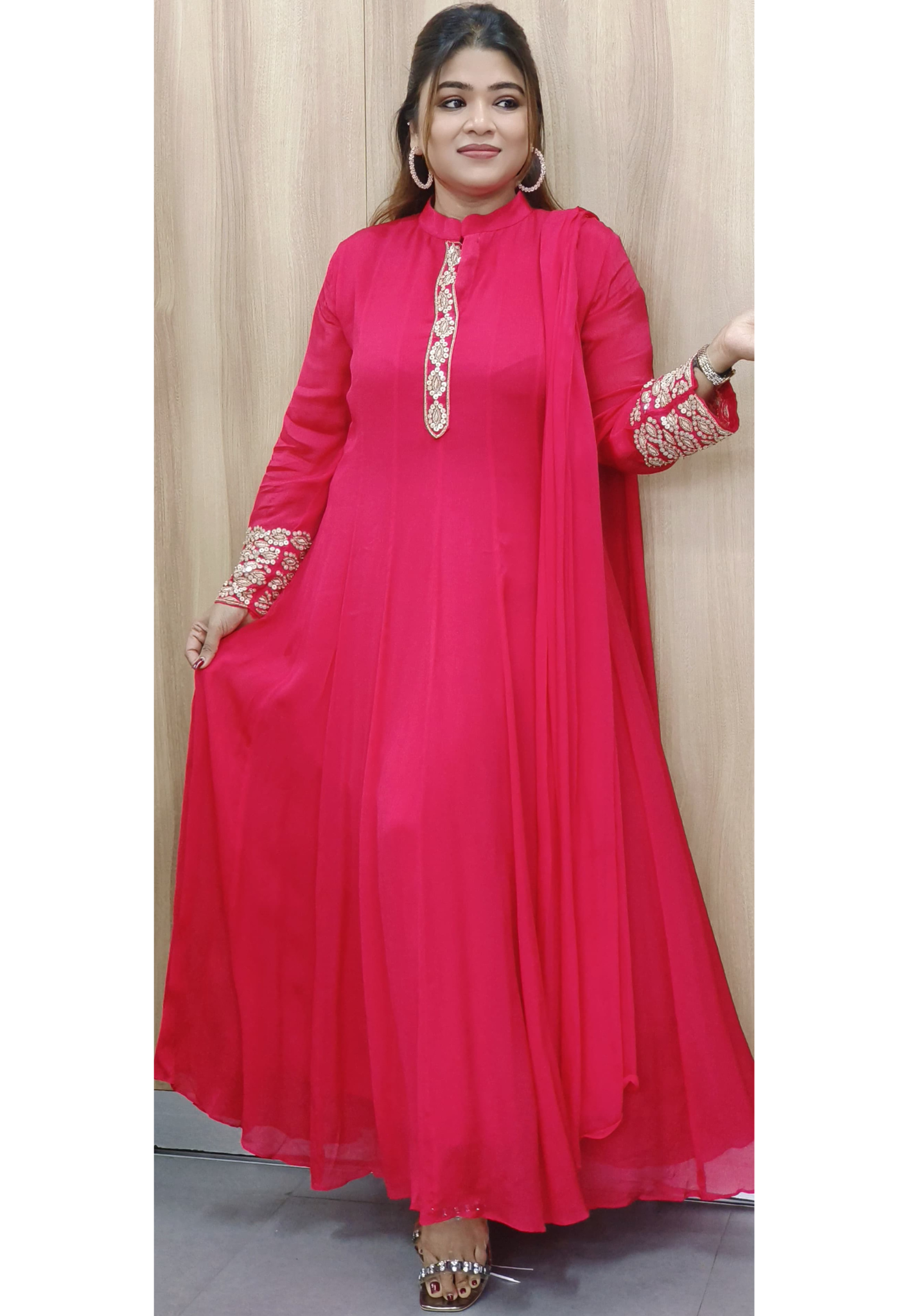Minimal Lined Work Panel Anarkali Full Suit Set With Dupatta In Chinon Fabric