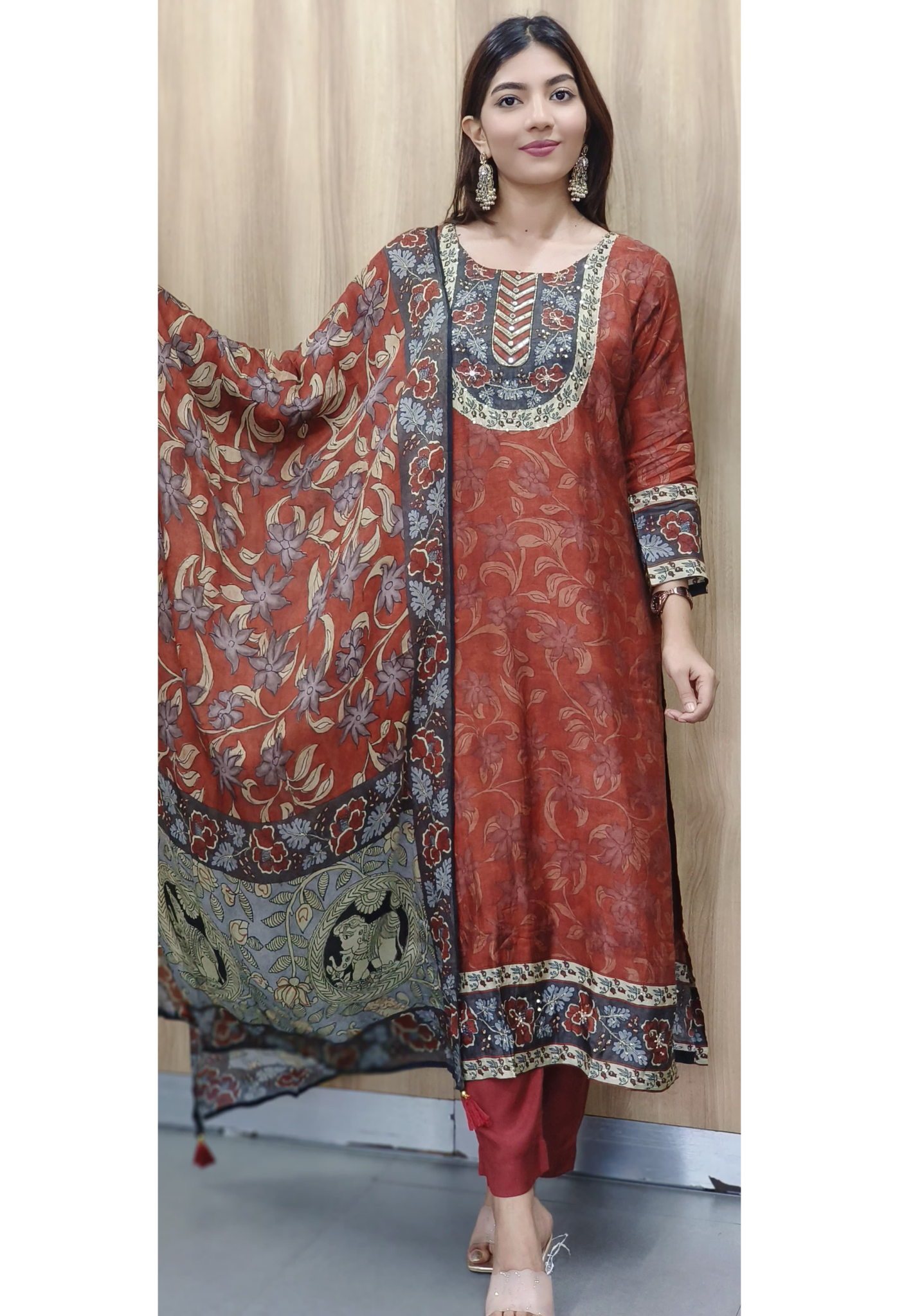 Graceful Rustic Animal Print Kalamkari Dola Silk Full Suit Set With Chinon Dupatta