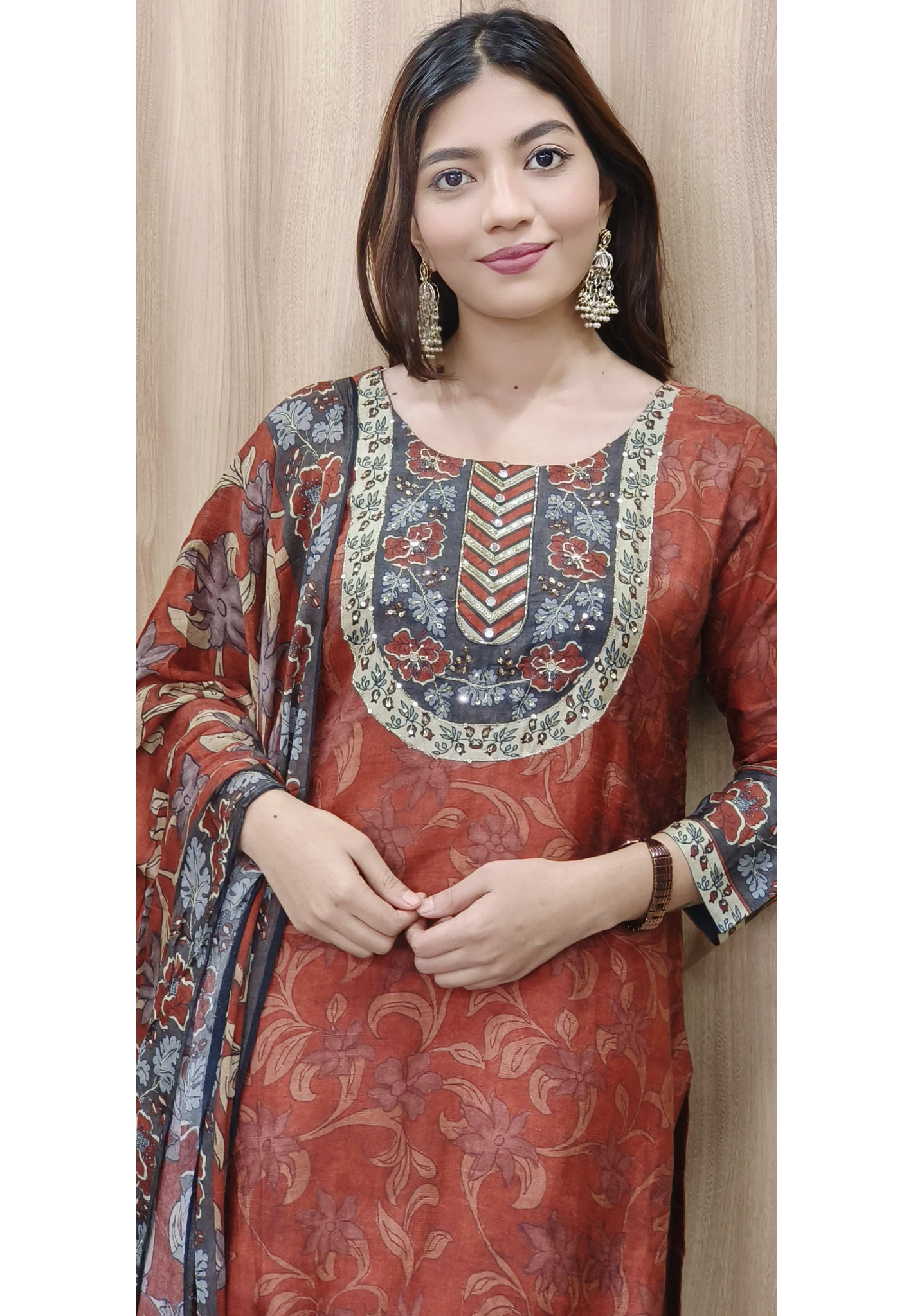 Graceful Rustic Animal Print Kalamkari Dola Silk Full Suit Set With Chinon Dupatta