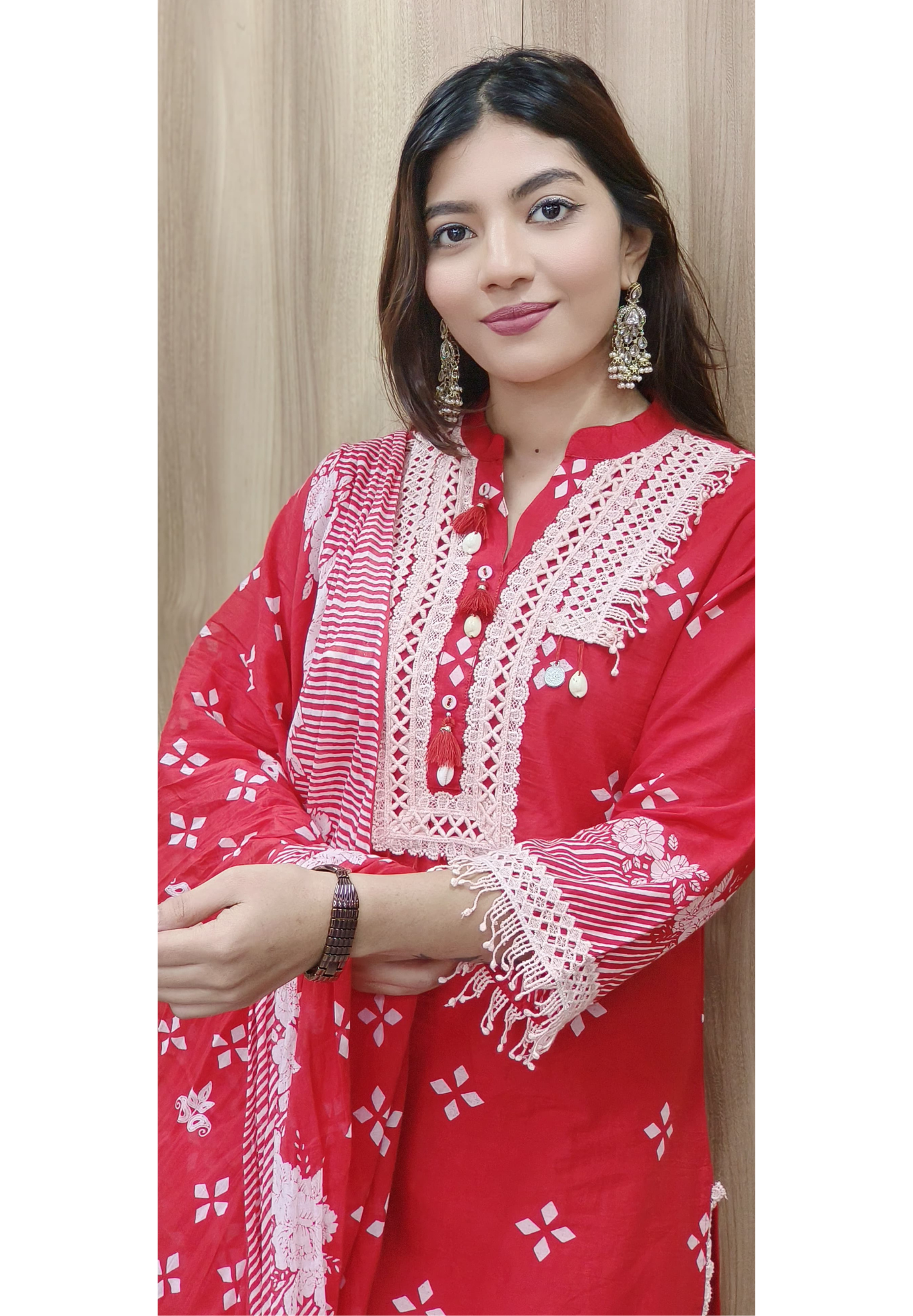 Bright Red Crosia Work Full Suit Set With Dupatta & Farsi Bottom In Cotton Fabric- 10456