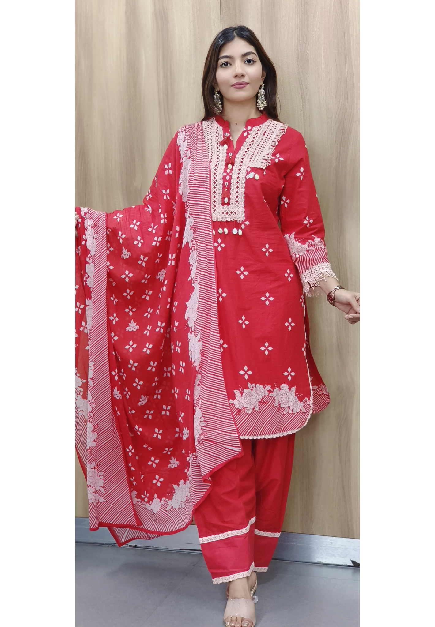 Bright Red Crosia Work Full Suit Set With Dupatta & Farsi Bottom In Cotton Fabric- 10456