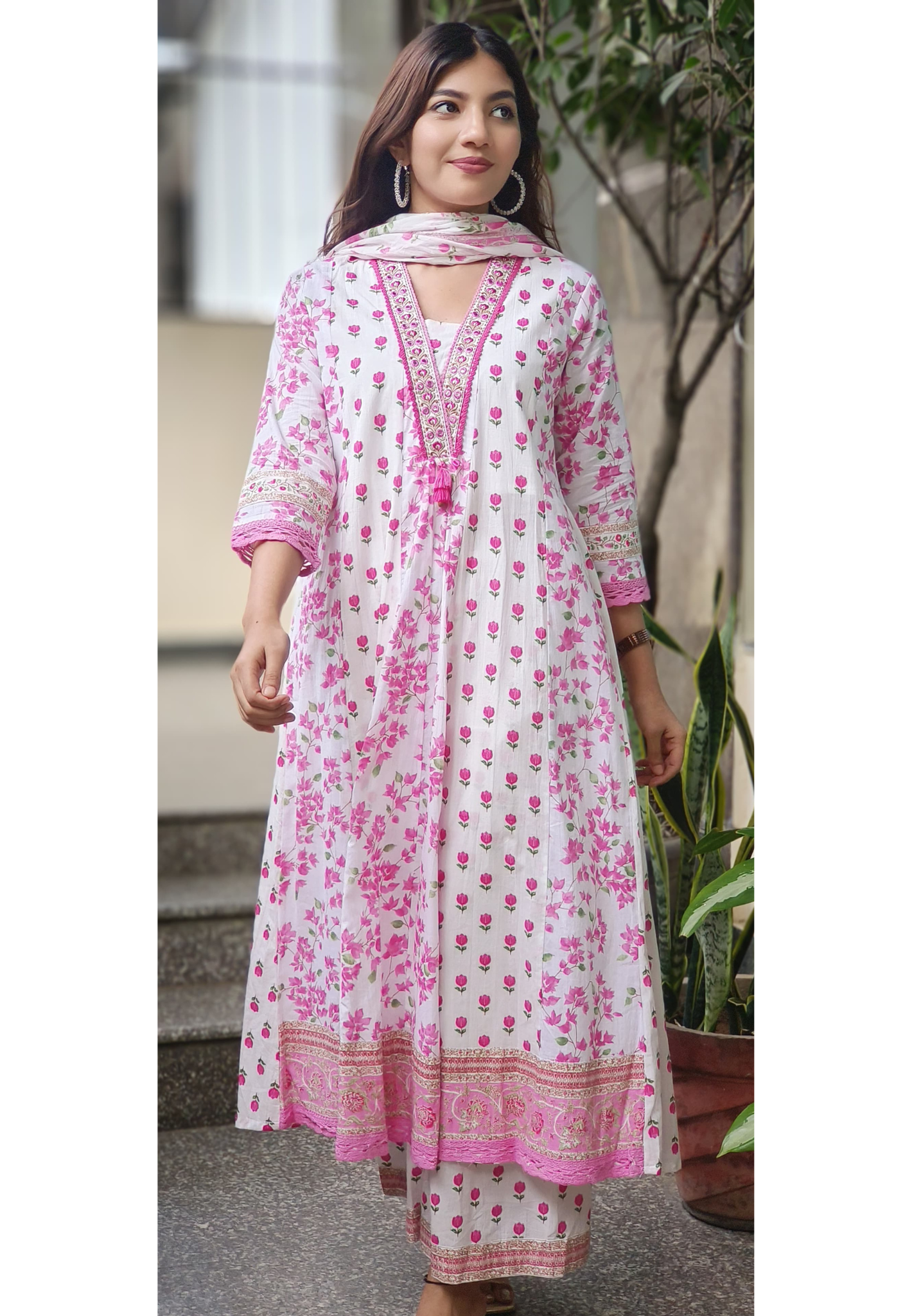 Floral Grace Printed Anarkali Full Suit Set With Dupatta In Cotton Fabric- 10454