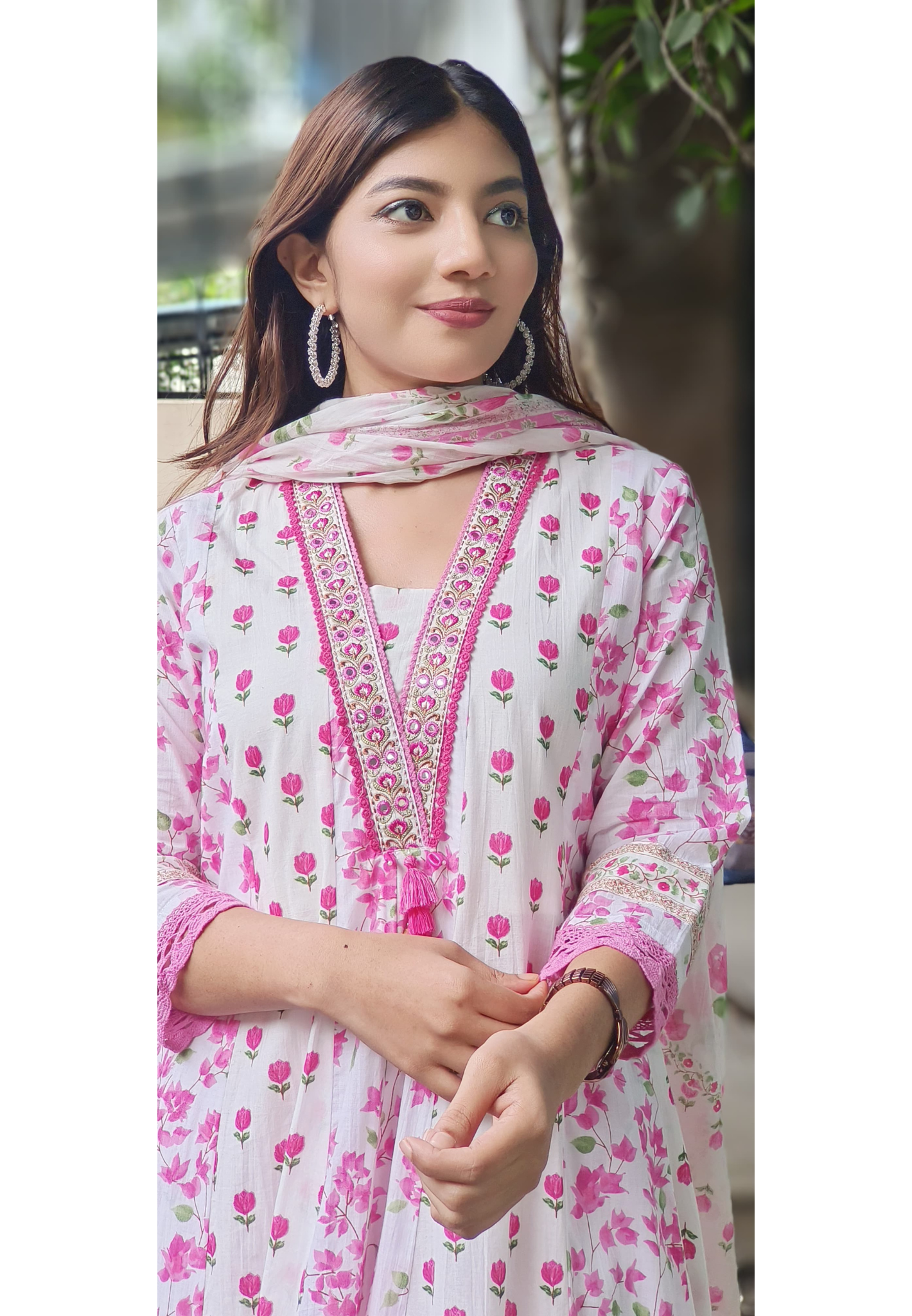 Floral Grace Printed Anarkali Full Suit Set With Dupatta In Cotton Fabric- 10454
