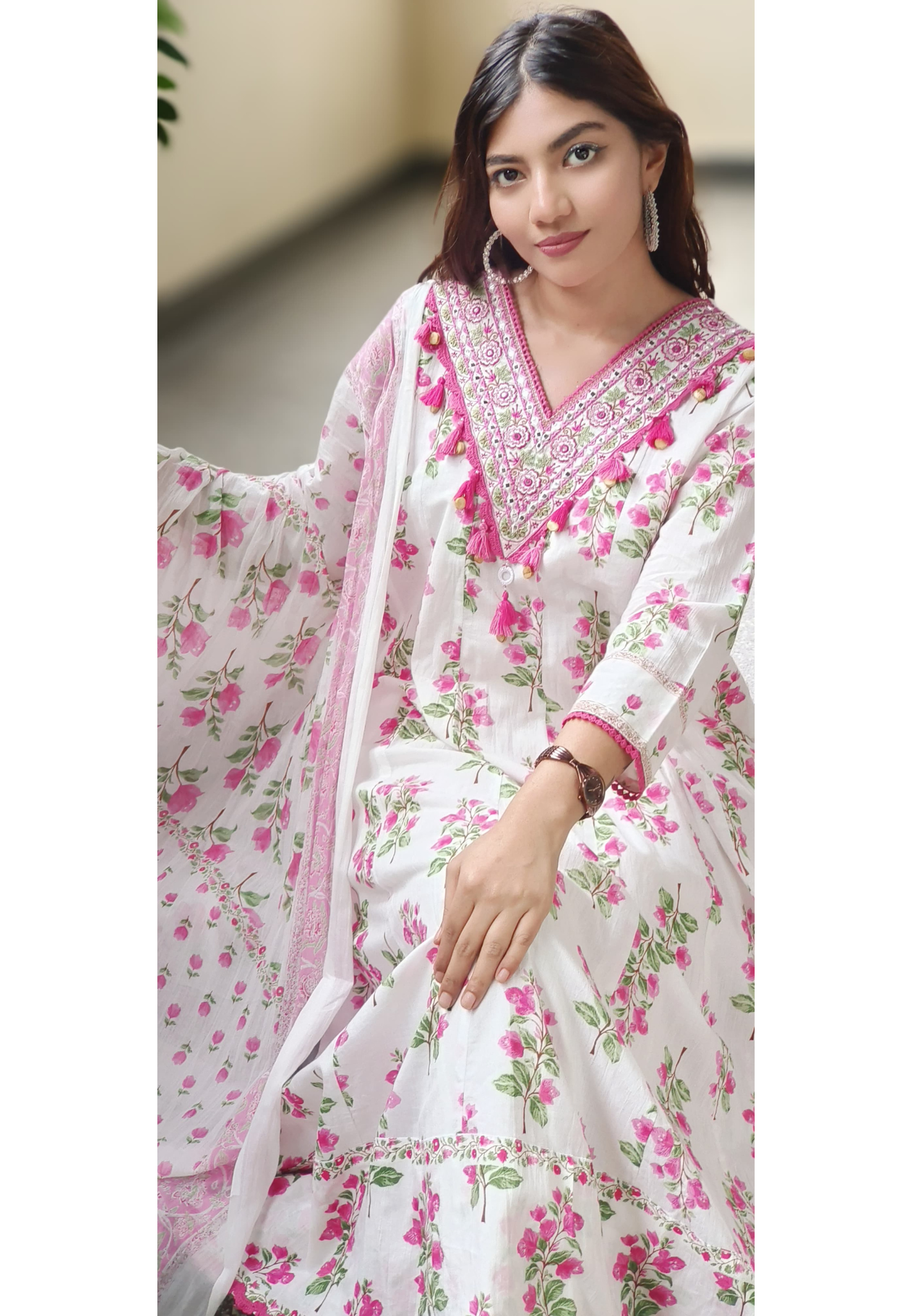 Beautiful V-Neck Embroidered Work Floral Anarkali Full Suit Dupatta In Cotton Fabric- 10458