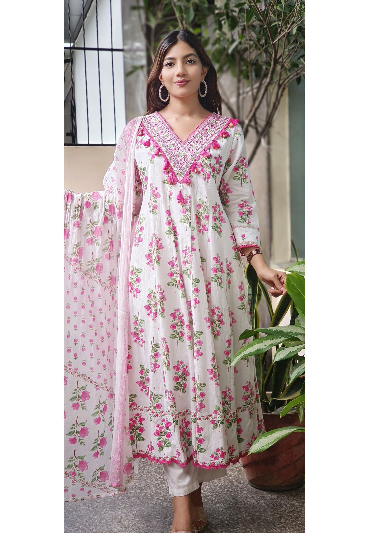 Beautiful V-Neck Embroidered Work Floral Anarkali Full Suit Dupatta In Cotton Fabric- 10458