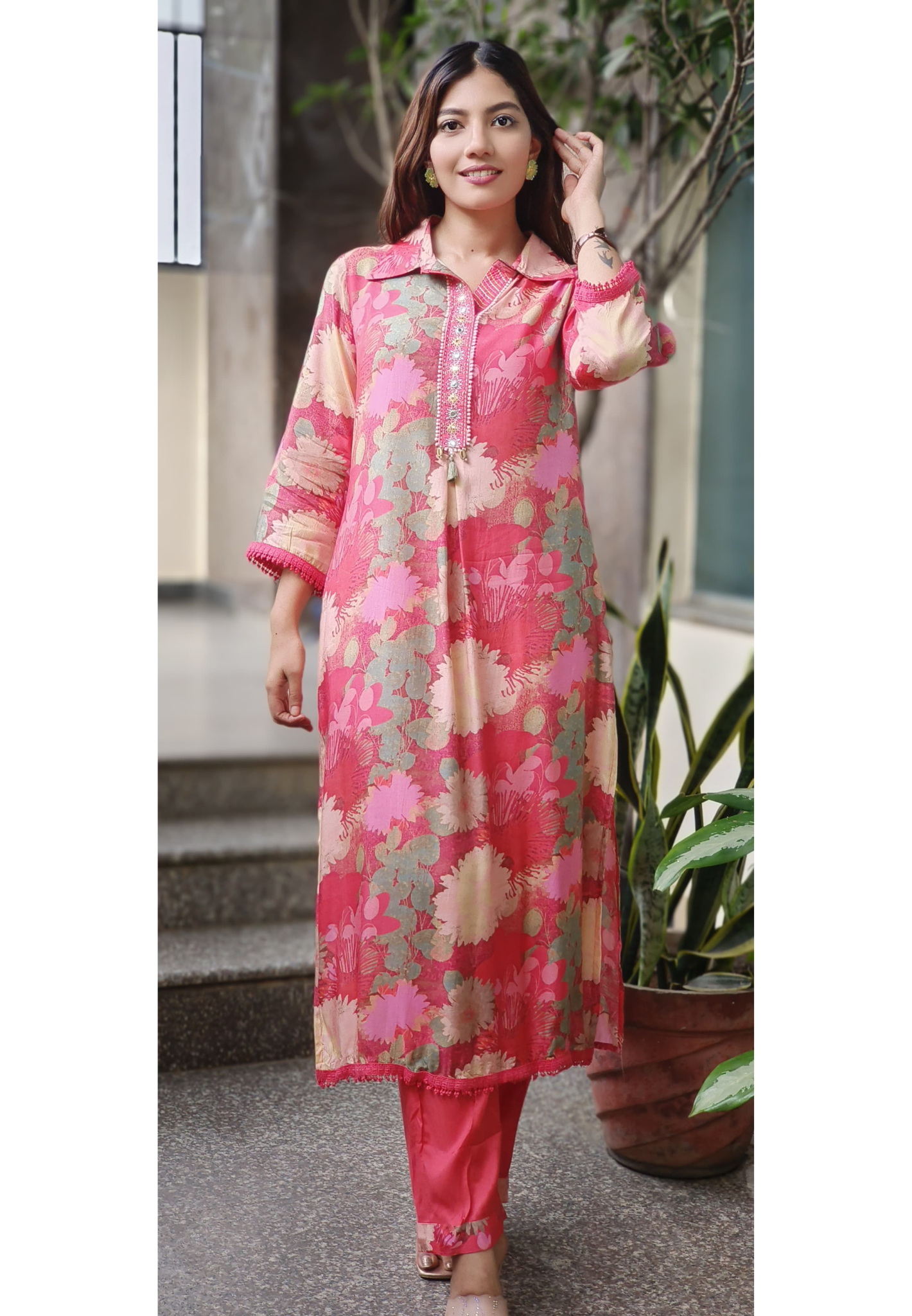 Mandarin Collar Long Length Floral Kurta Pant Set In Muslin Fabric- 10420