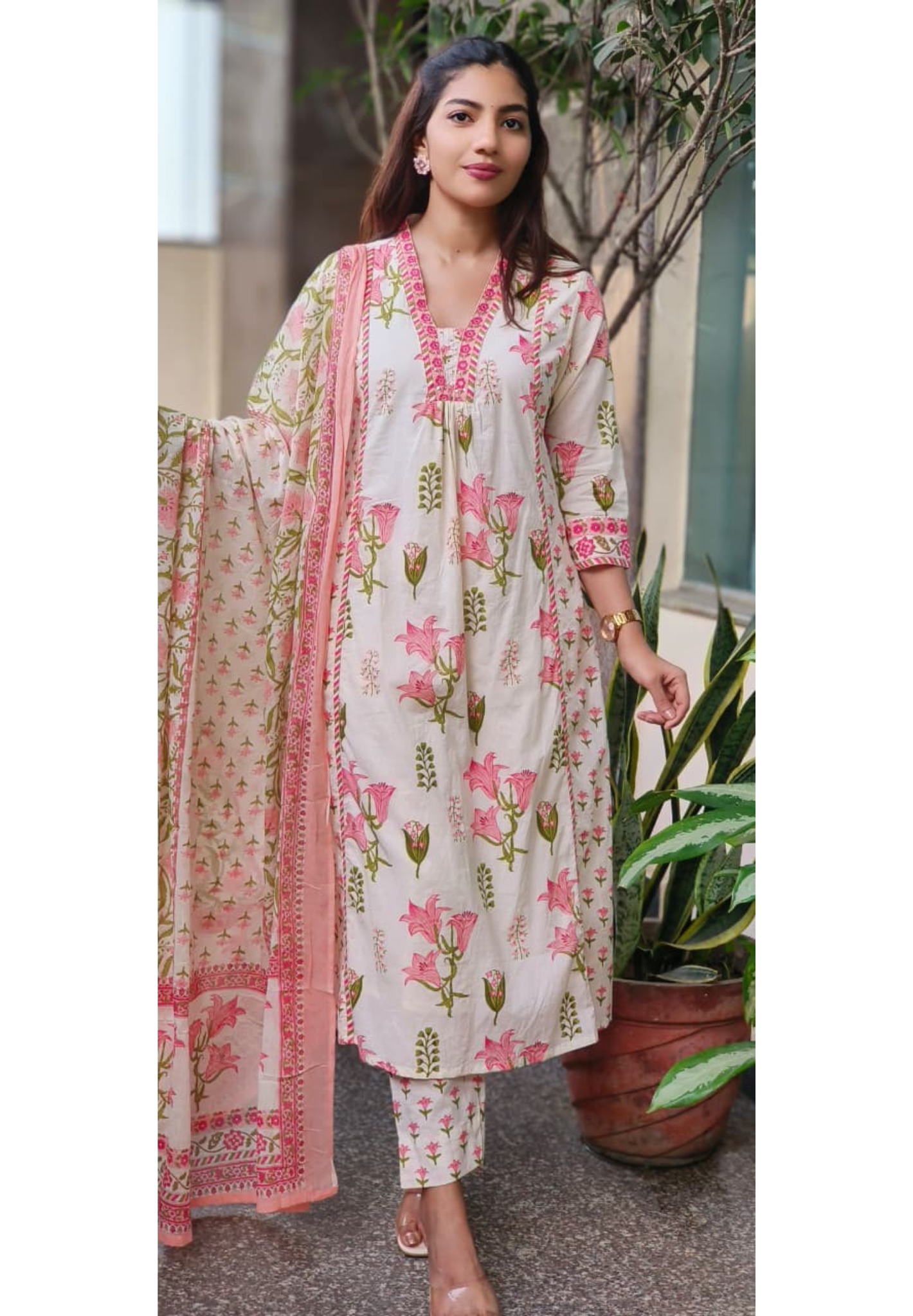 V-Neck Floral Elegance A-Line Cotton Full Suit Set With Dupatta- 10384