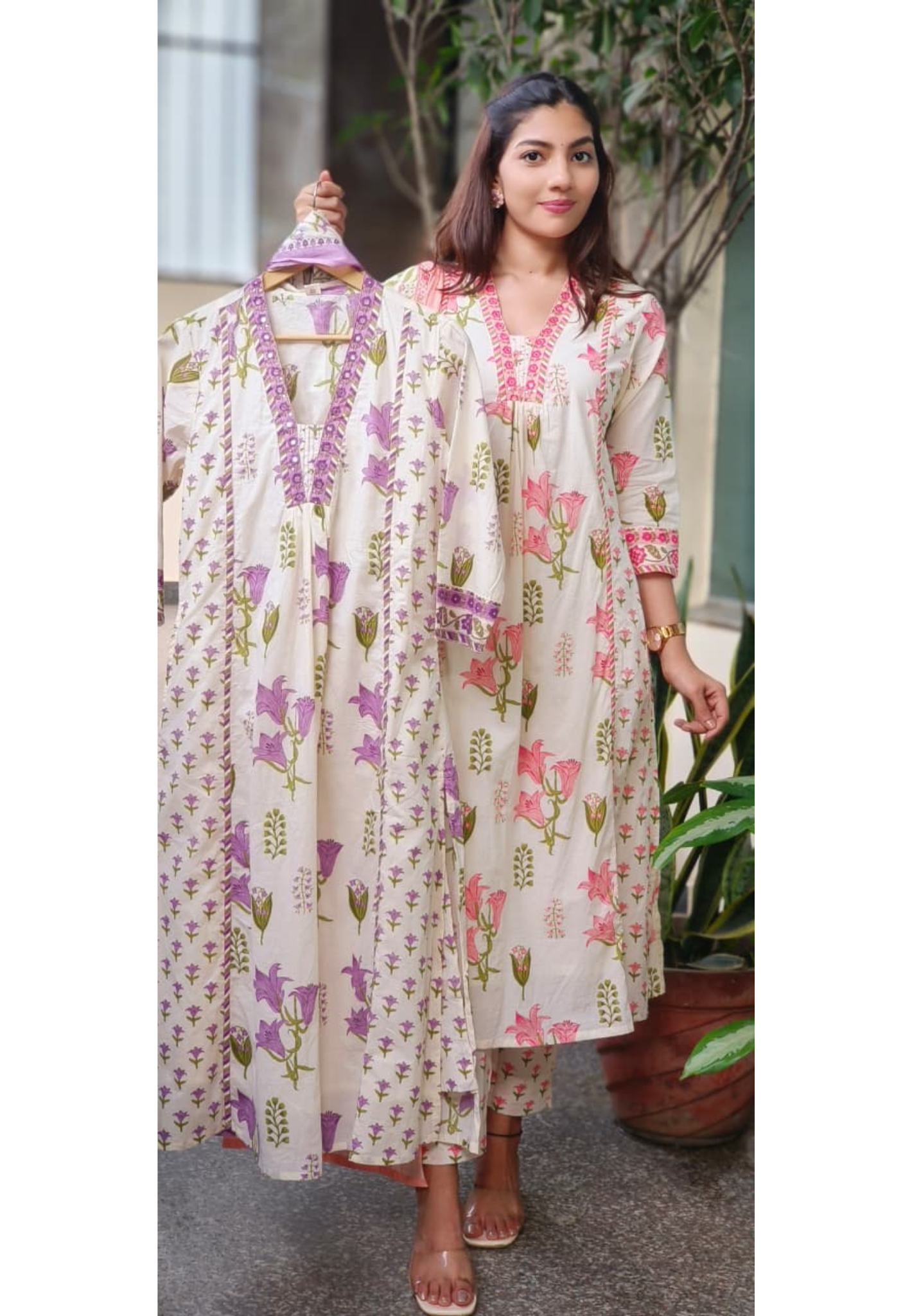 V-Neck Floral Elegance A-Line Cotton Full Suit Set With Dupatta- 10384