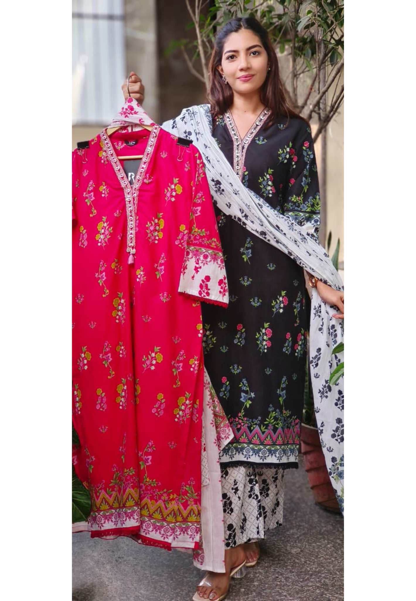 Chevron Floral Printed Full Suit Set With Dupatta- 10538