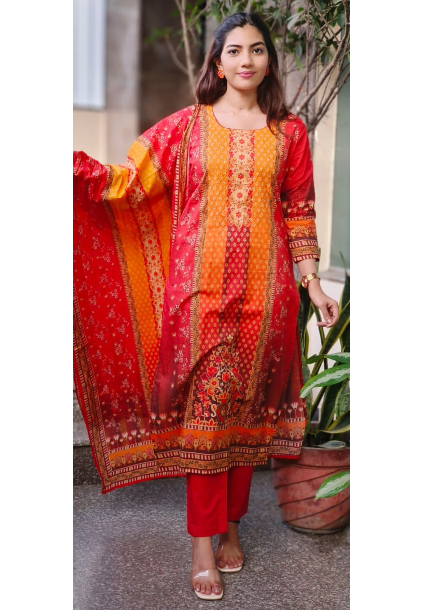 Lawn Look Dual Color Printed Full Suit Set With Dupatta