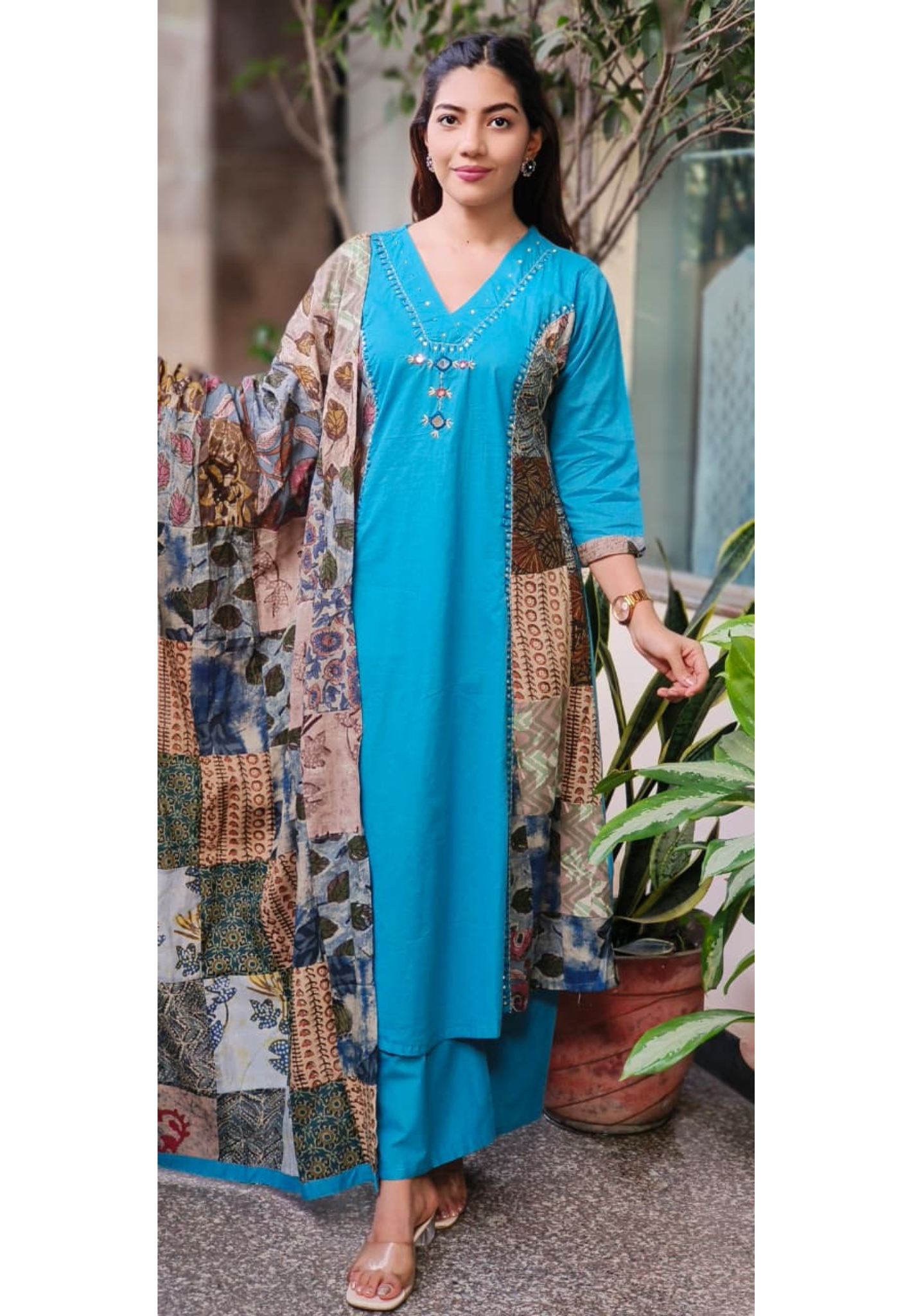 Multidesigned V-Neck Full Suit Set With Dupatta