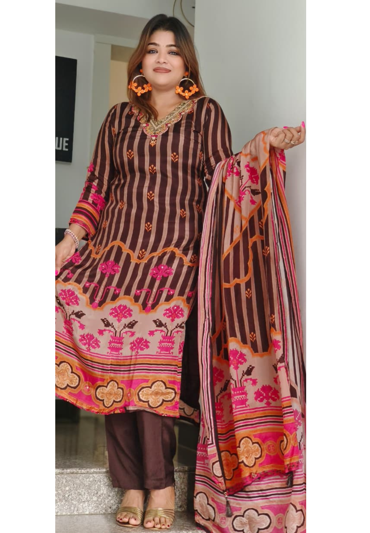 V-Neck Handwork Dual Color Striped Full Suit Set With Dupatta In Crepe Fabric- 10674