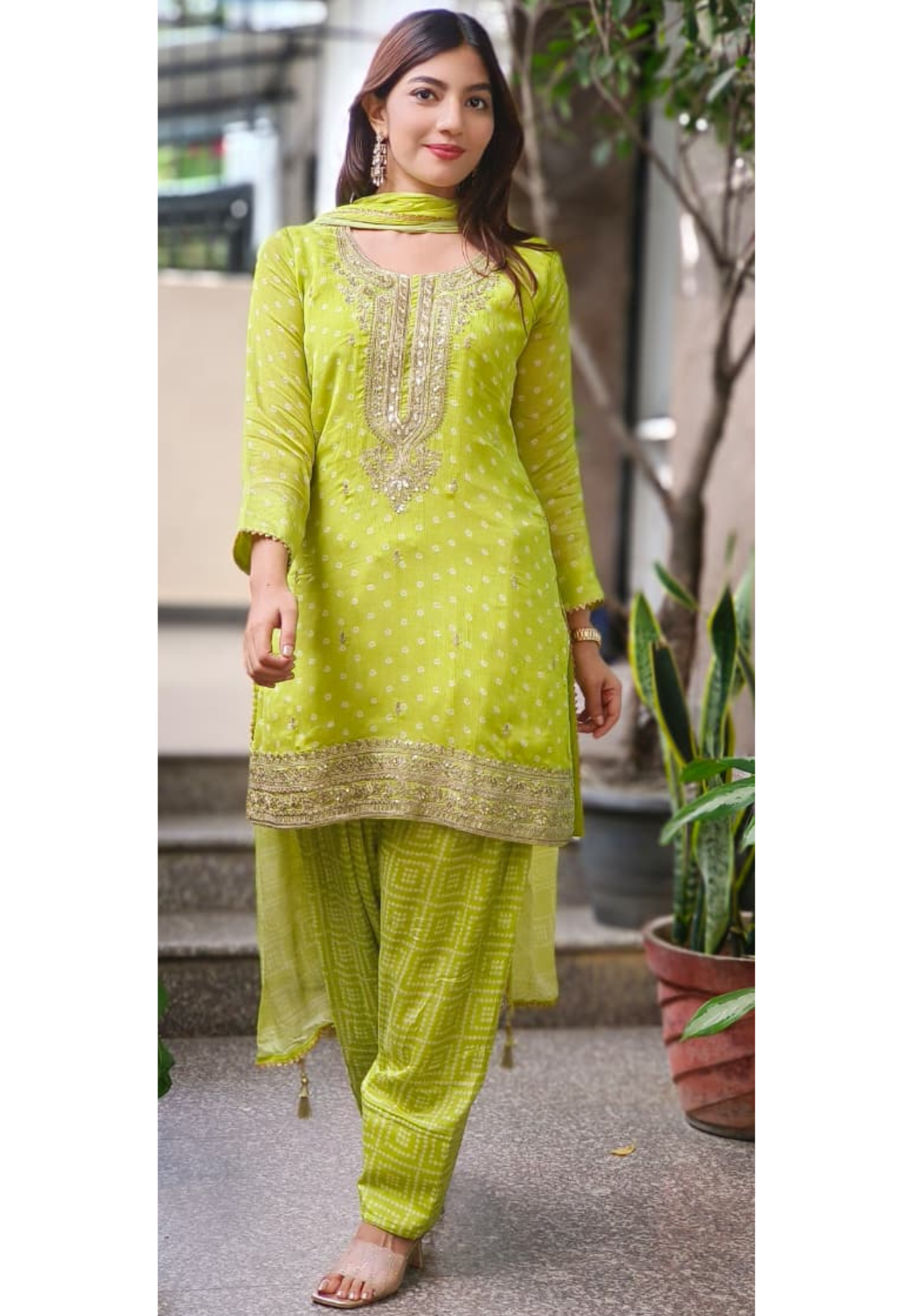 Zardosi Front Work Bandhej Full Suit Set With Farsi Bottom