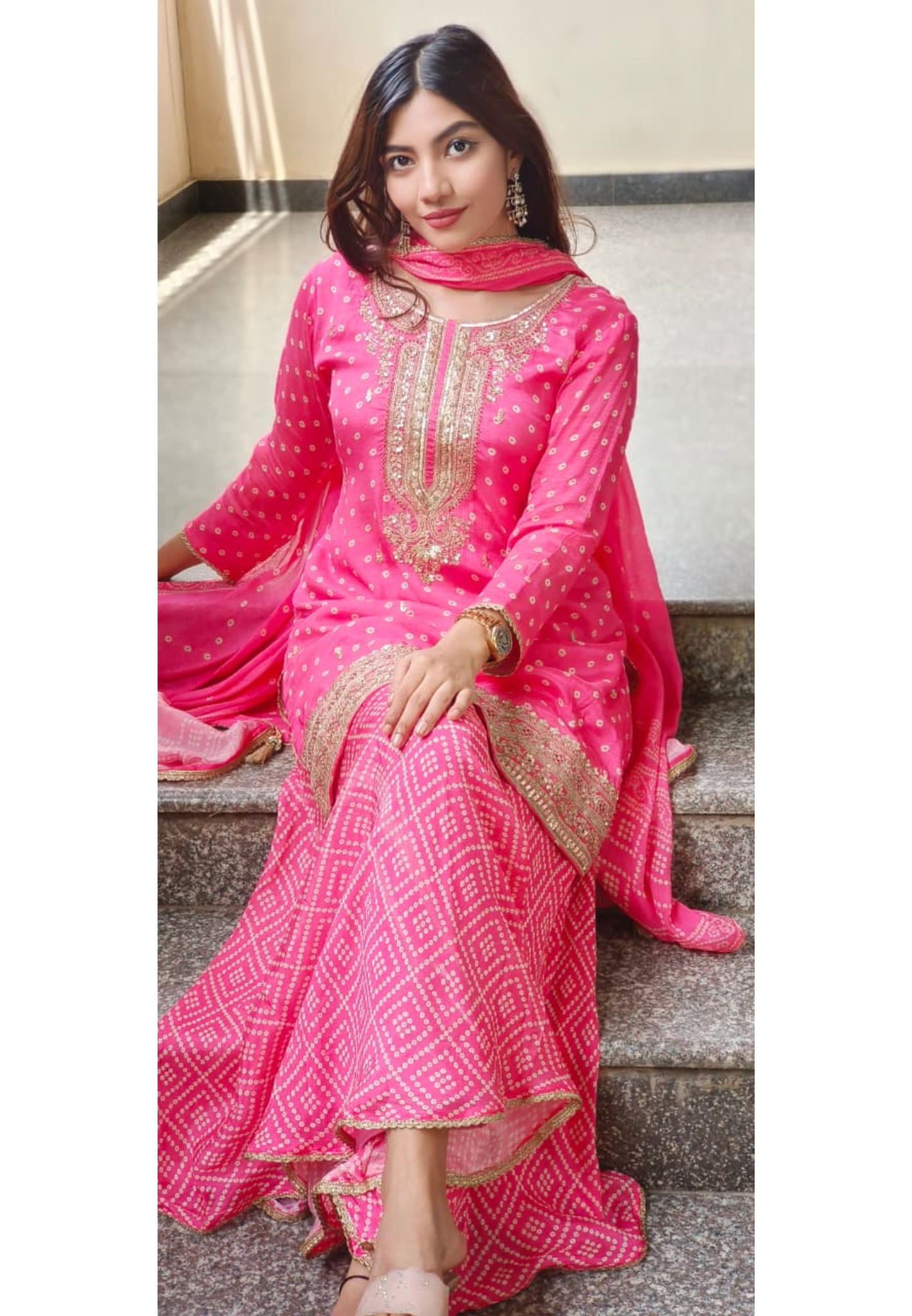 Gulabi Blush Bandhej Full Suit Set With Loose Palazzo Bottom & Dupatta