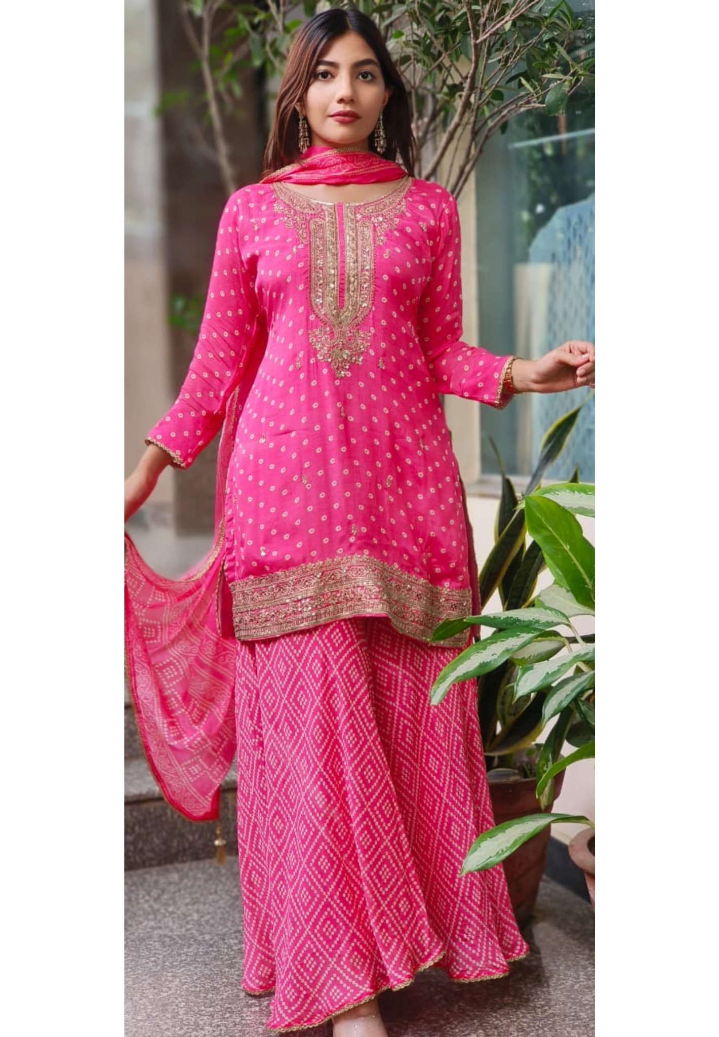 Gulabi Blush Bandhej Full Suit Set With Loose Palazzo Bottom & Dupatta