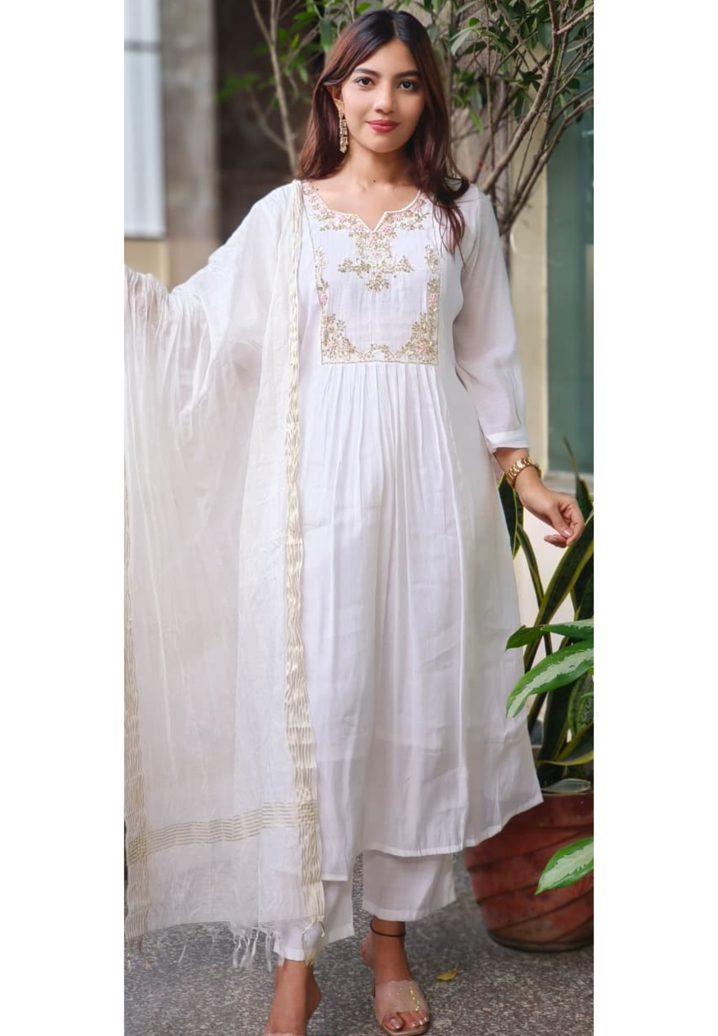 Very Elegant Soft Tone A-Line Full Suit Set With Dupatta In Mul Chanderi Fabric