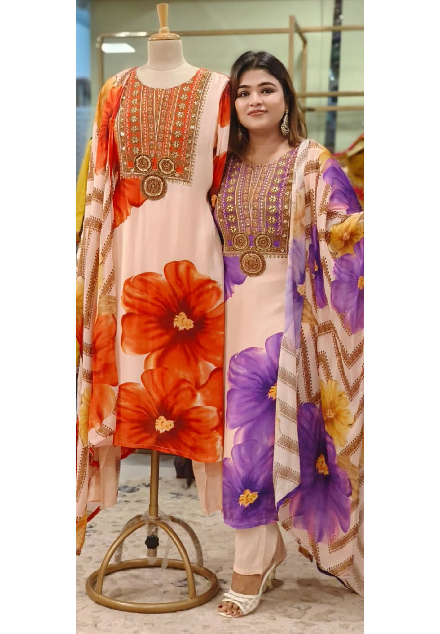 Beautiful Sequenced Handwork Floral Full Suit Set With Dupatta In Crepe Fabric