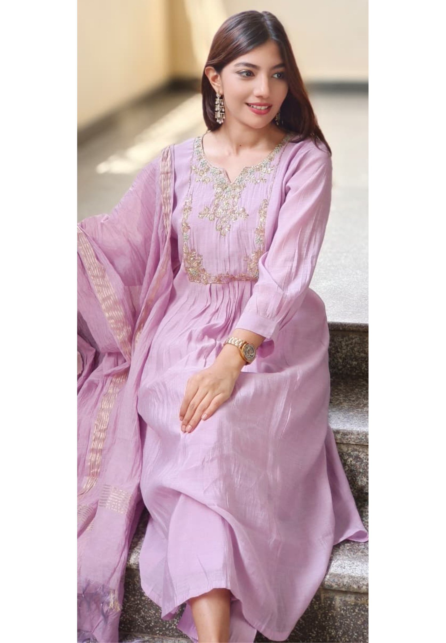 Very Elegant Soft Tone A-Line Full Suit Set With Dupatta In Mul Chanderi Fabric