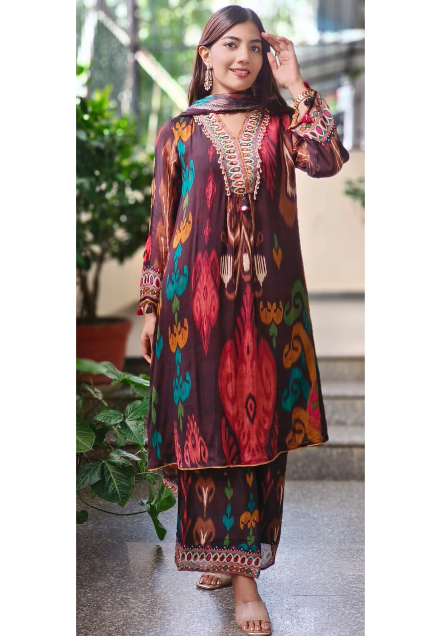 V-Neck Ikkat Elegance Full Suit Set With Dupatta In Chinon Fabric- 10672