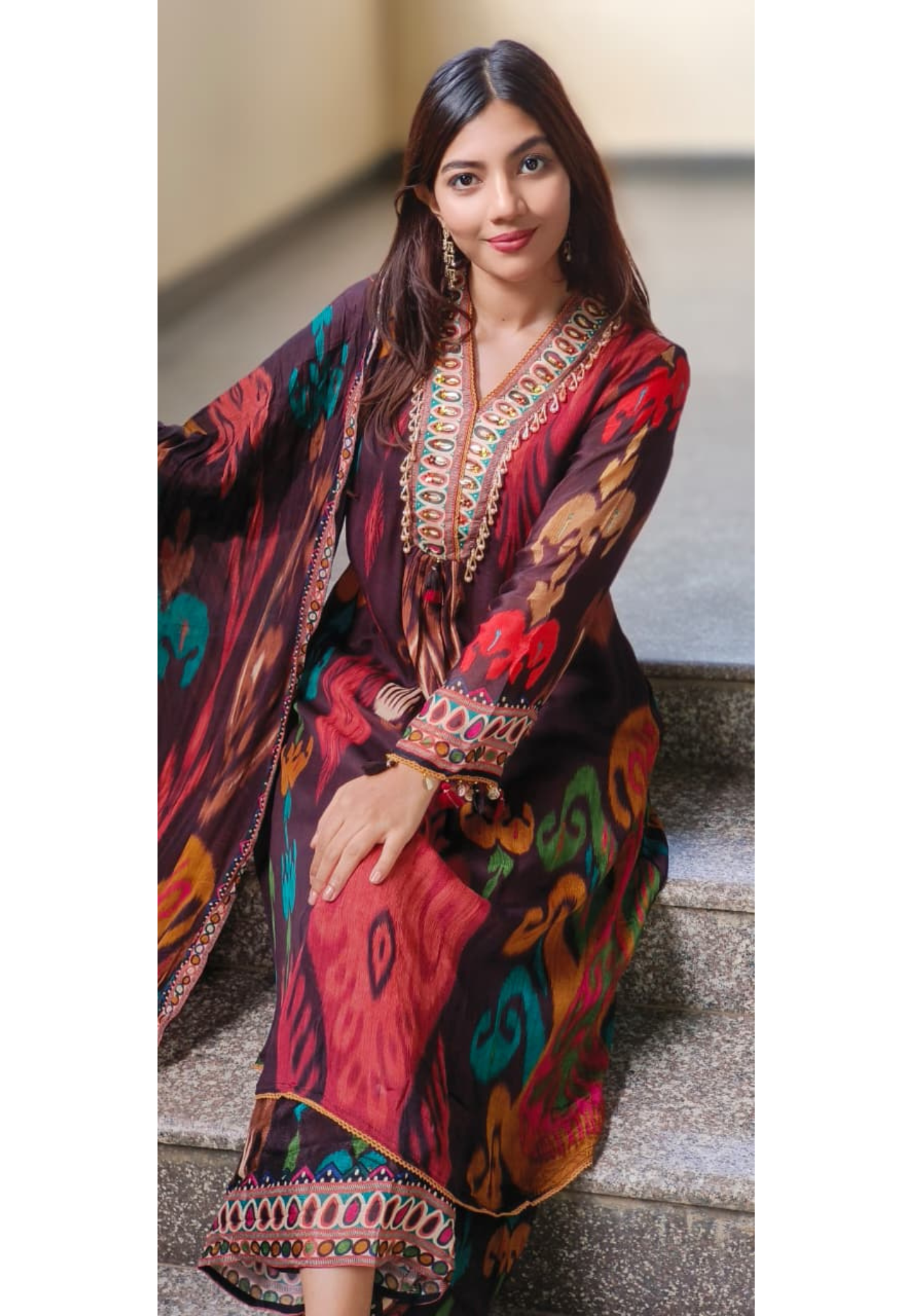 V-Neck Ikkat Elegance Full Suit Set With Dupatta In Chinon Fabric- 10672