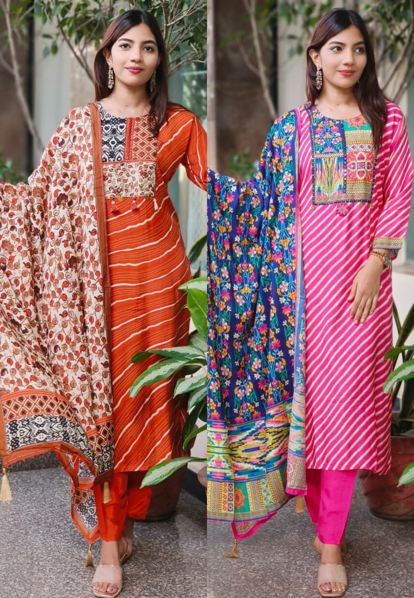 Multi Prints Yoke Leheriya Full Suit Set With Floral Dupatta In Dola Silk Fabric