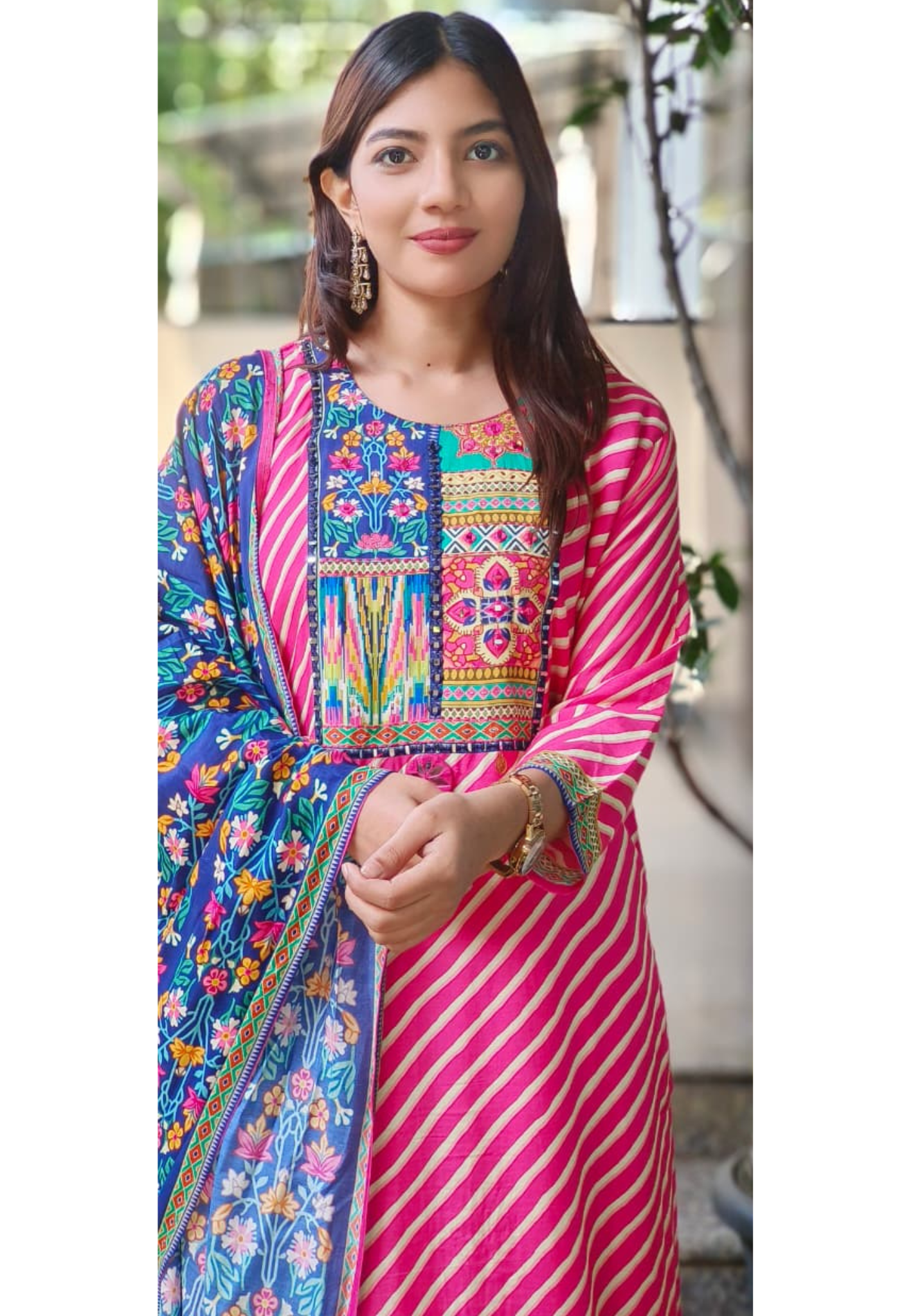 Multi Prints Yoke Leheriya Full Suit Set With Floral Dupatta In Dola Silk Fabric