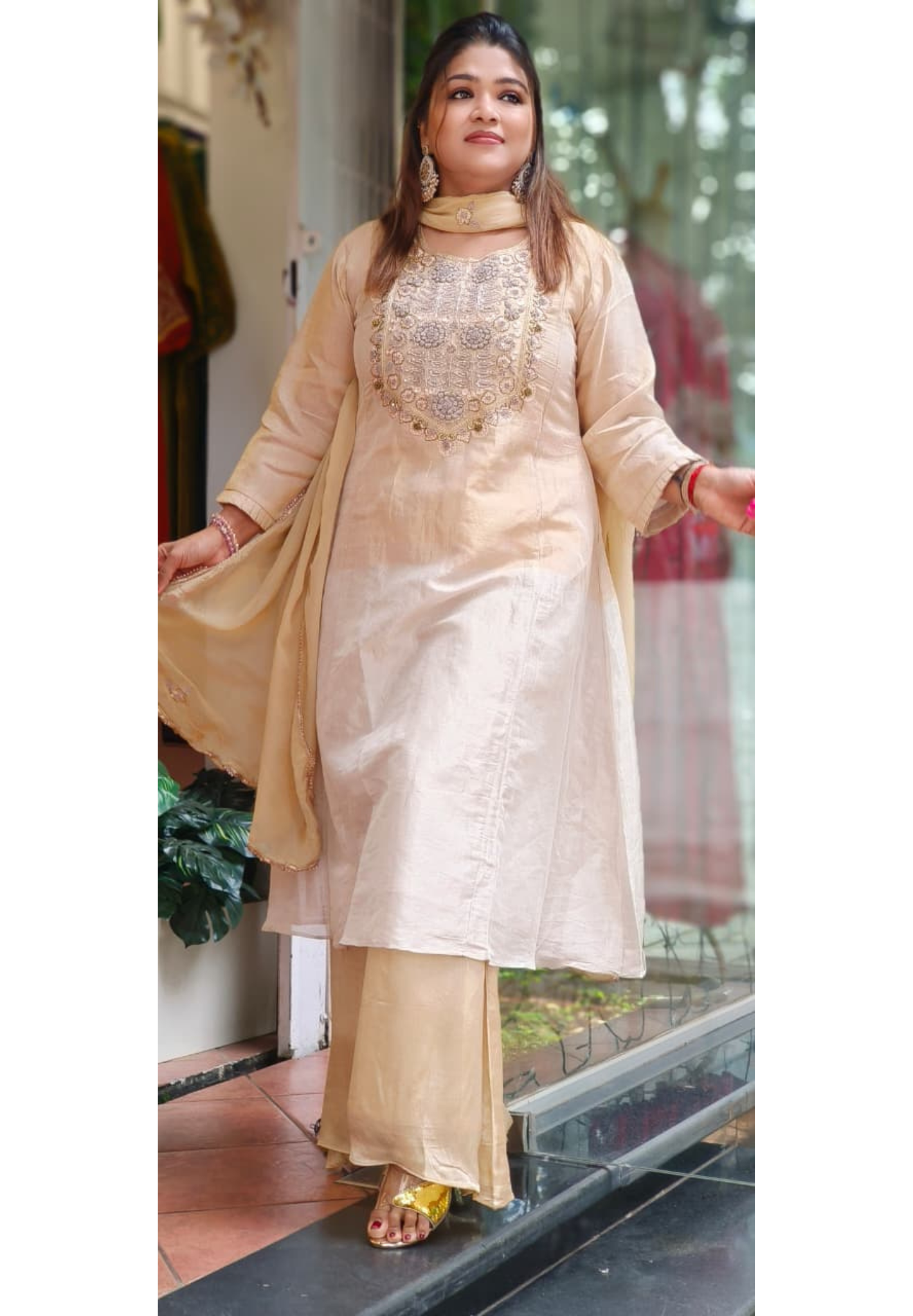 Zardosi With Cutdana Work Full Suit Set With Loose Palazzo Bottom & Dupatta