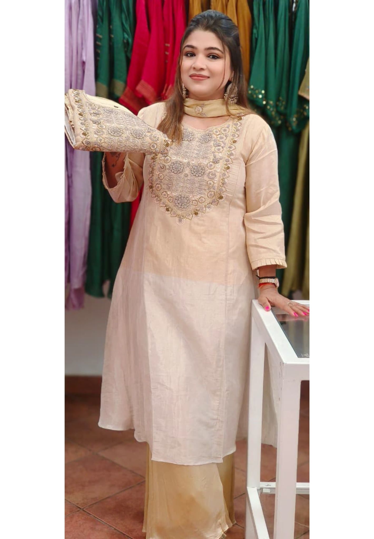 Zardosi With Cutdana Work Full Suit Set With Loose Palazzo Bottom & Dupatta