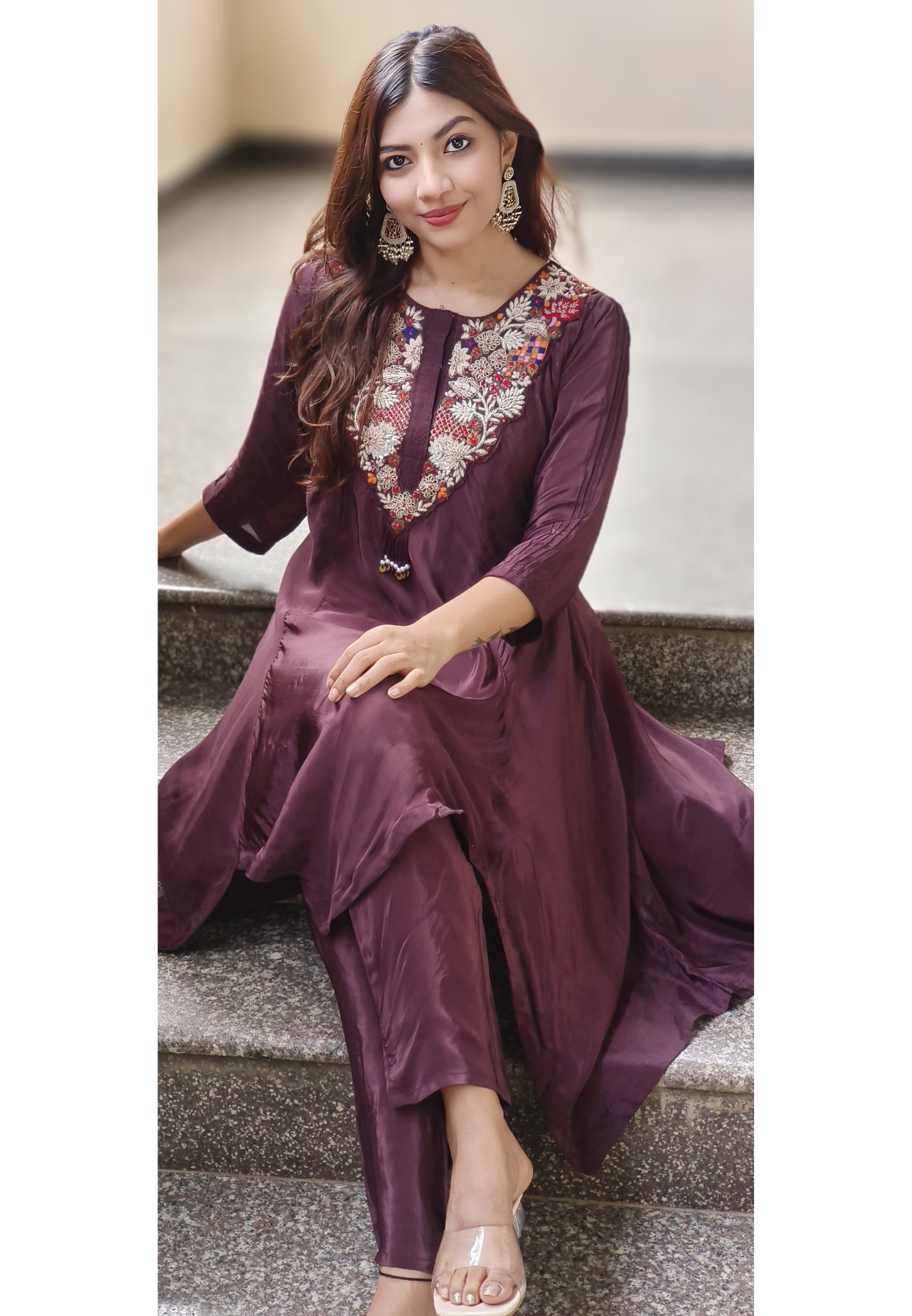 High & Low Flowy Crepe Embroidered Neck Kurta Pant Set In crepe Fabric