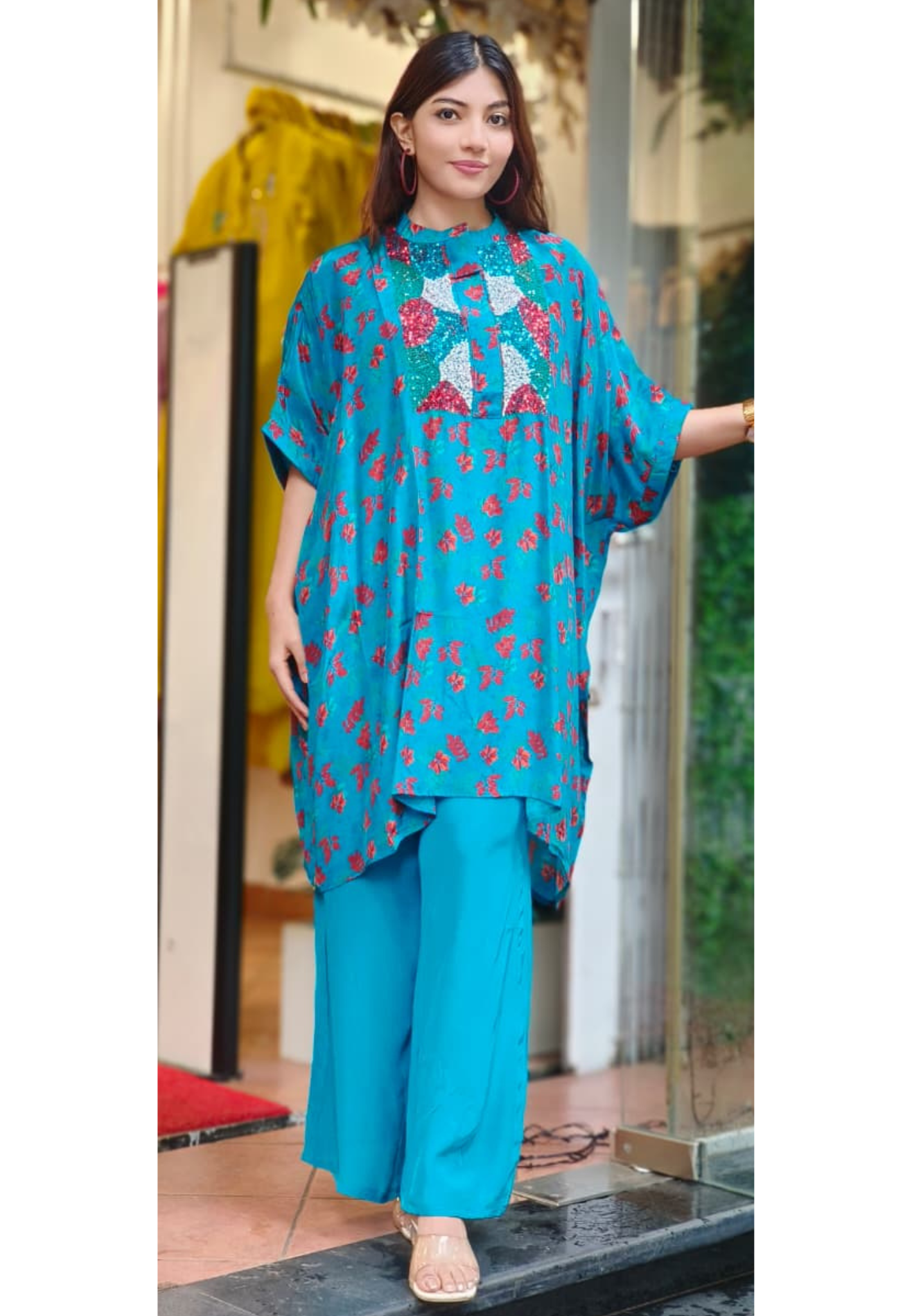 Glittered Foil Bright Color Kaftan With Bottom