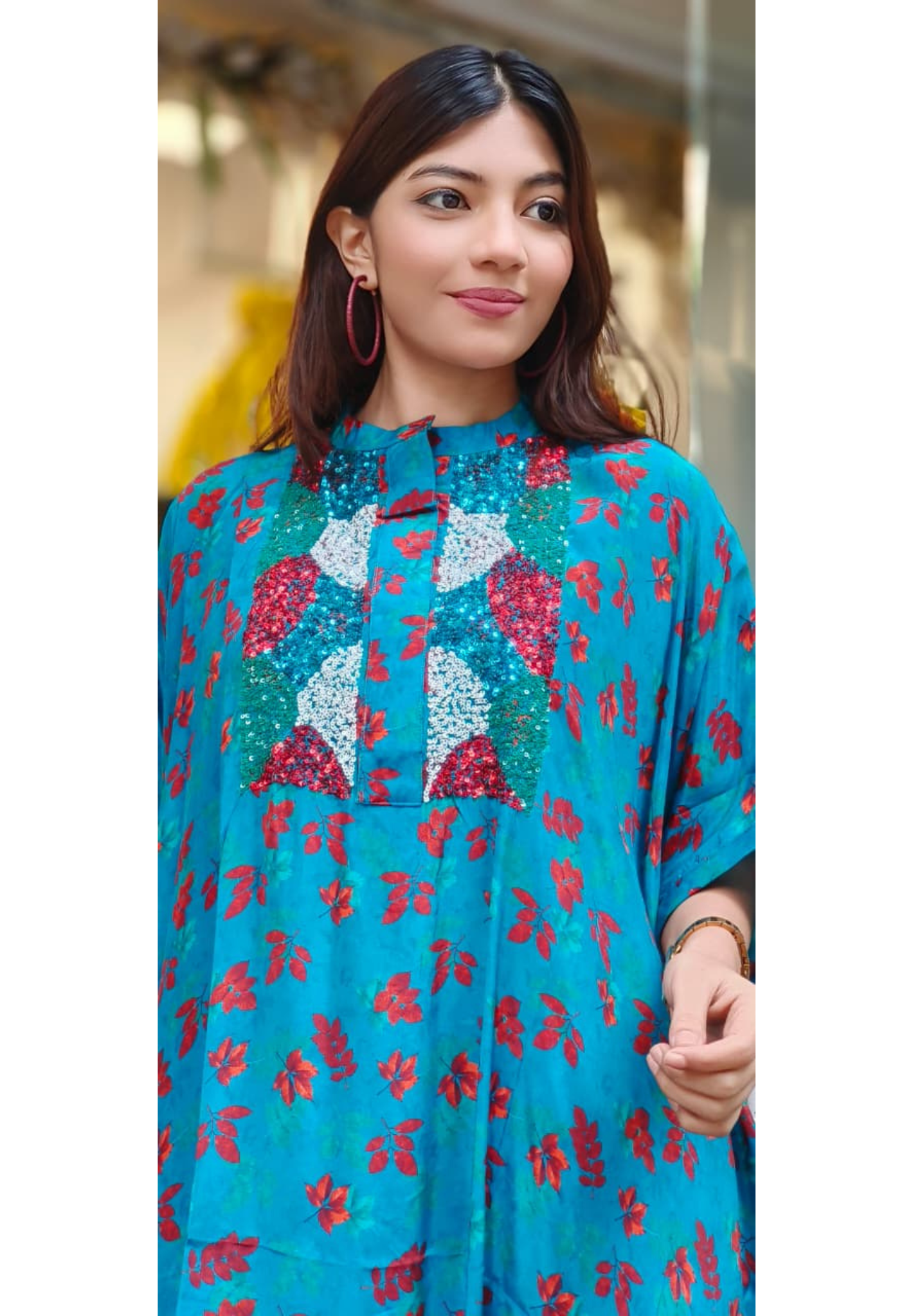 Glittered Foil Bright Color Kaftan With Bottom