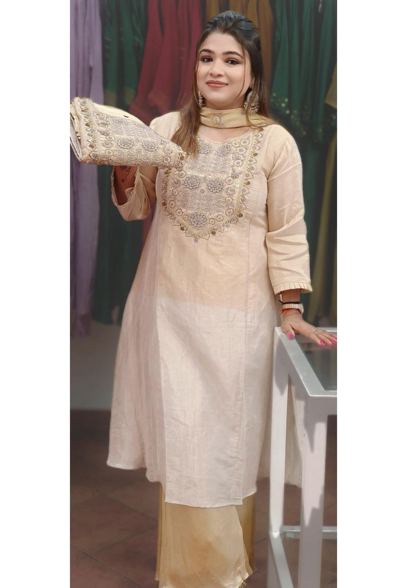 Zardosi With Cutdana Work Full Suit Set With Loose Palazzo Bottom & Dupatta