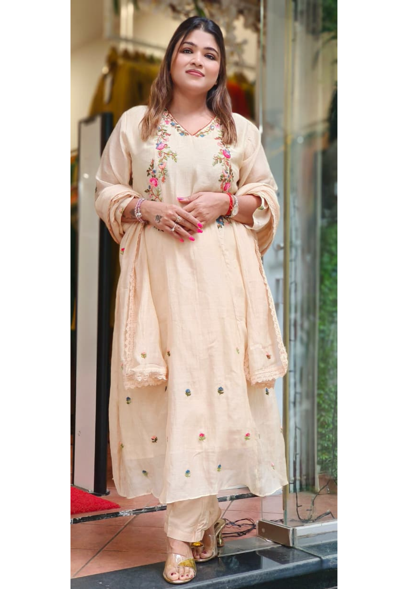 Thread Floral Sequenced A-Line Full Suit Set With Dupatta In Mul Chanderi Fabric- 09986