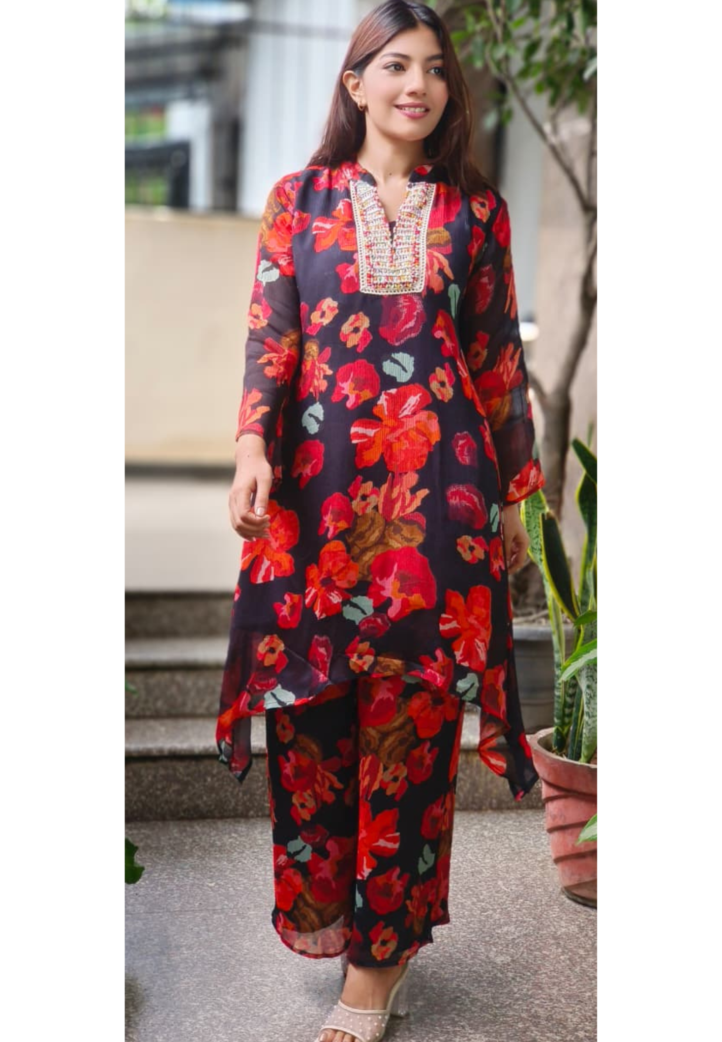 Bright Floral Printed Neck Work Chinon Co-Ord Set-10709,10711