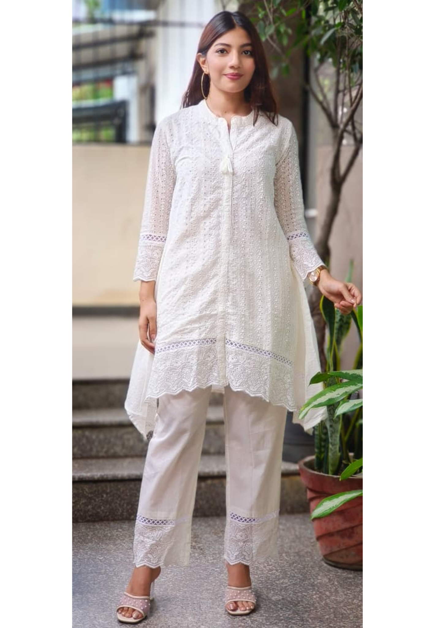 Hacoba Embroidery Mul Cotton White Co-Ord Set-10735