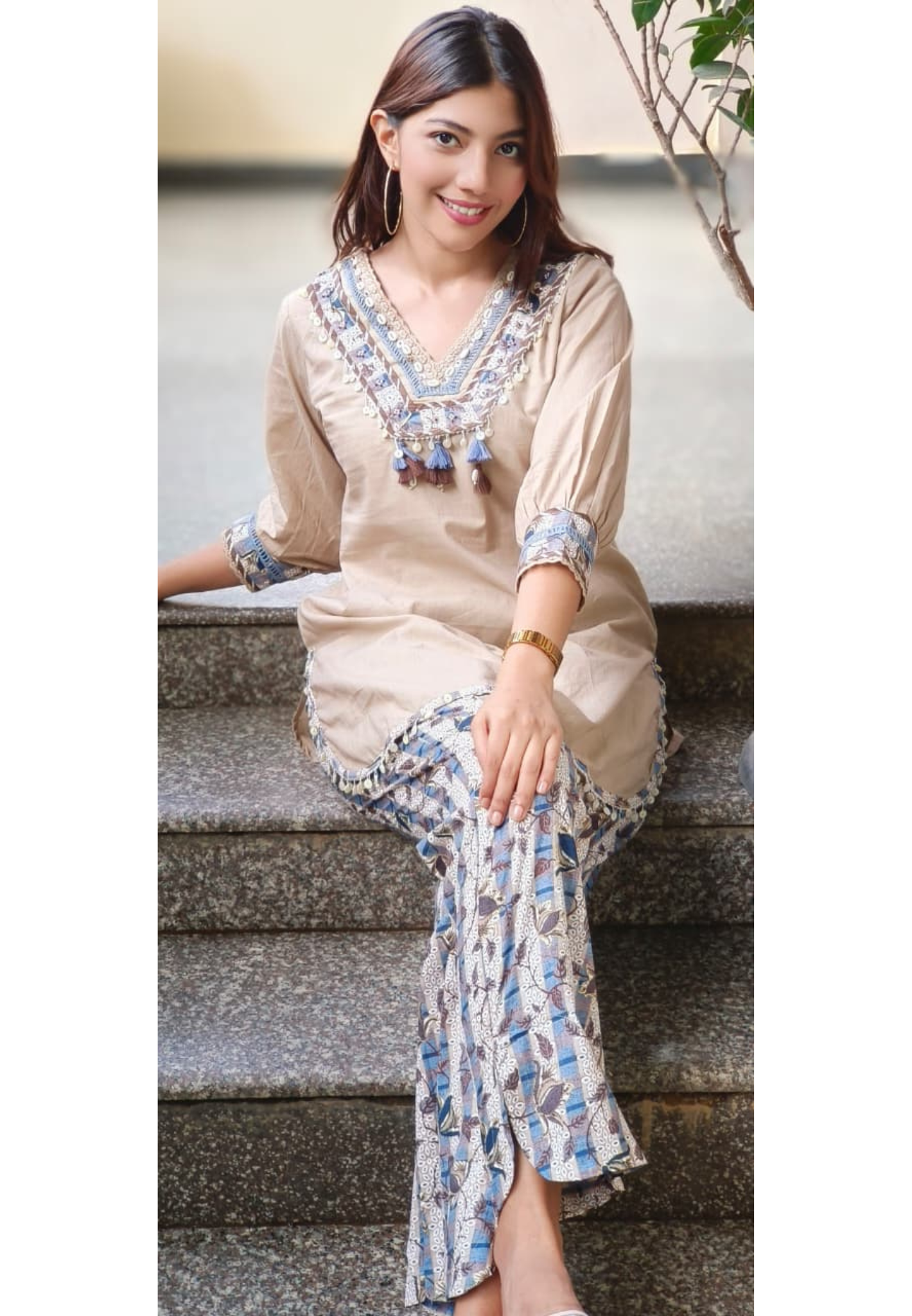 Chevron Neck Work With Shell & Hang Button Kurta Pant Set In Cotton Fabric-10717