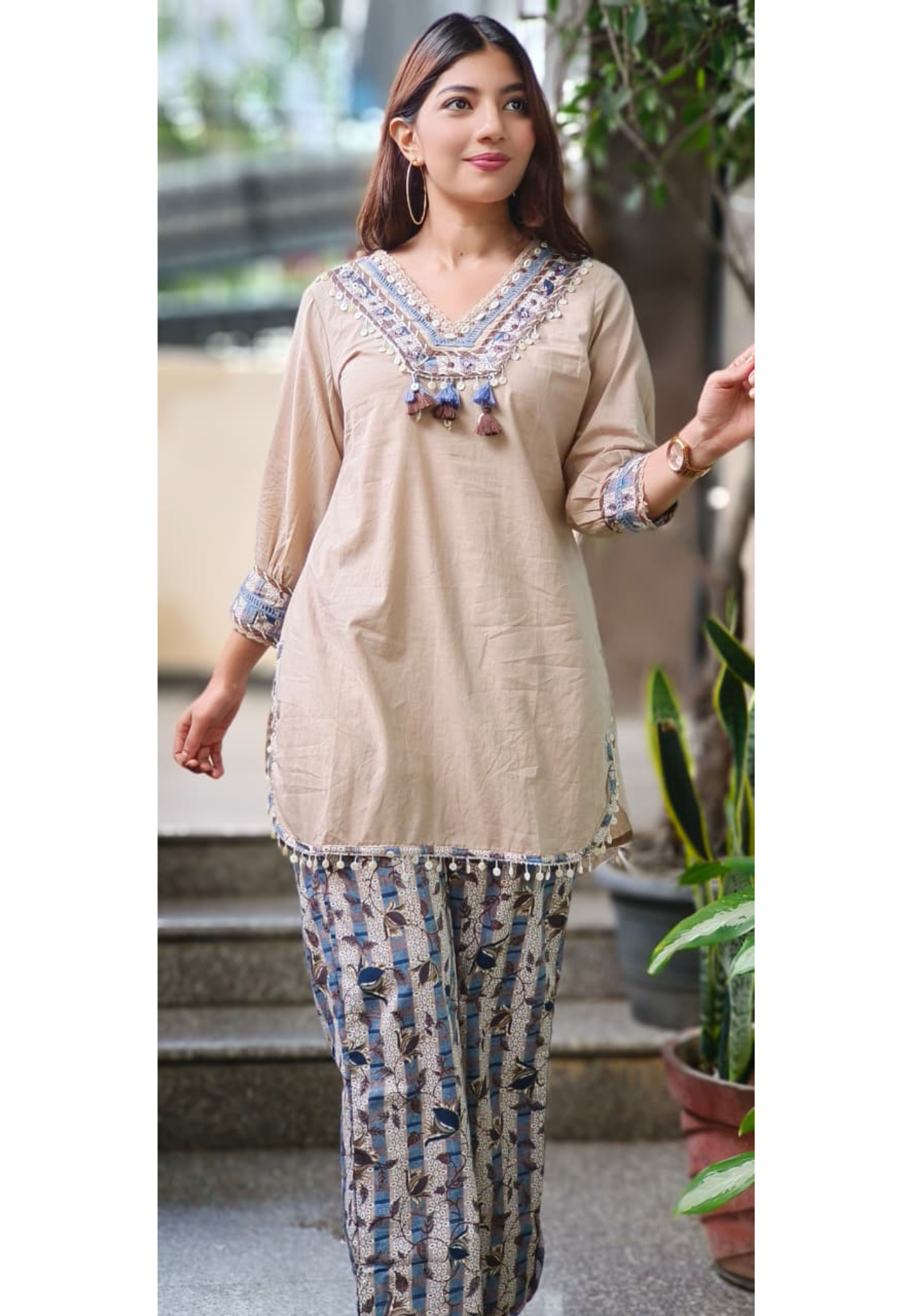 Chevron Neck Work With Shell & Hang Button Kurta Pant Set In Cotton Fabric-10717