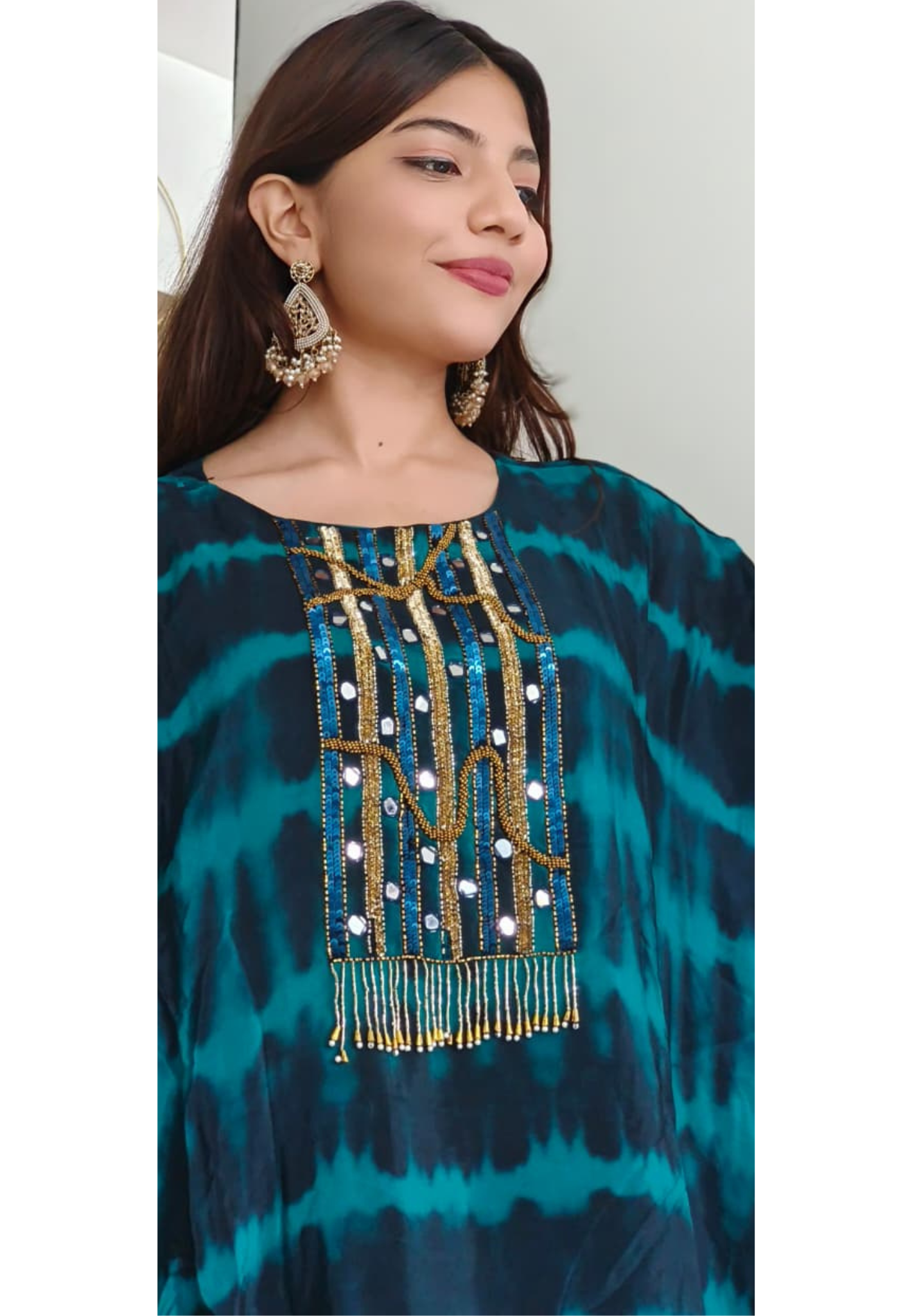 Embroidered Printed Pure Crepe Kaftan With Bottom