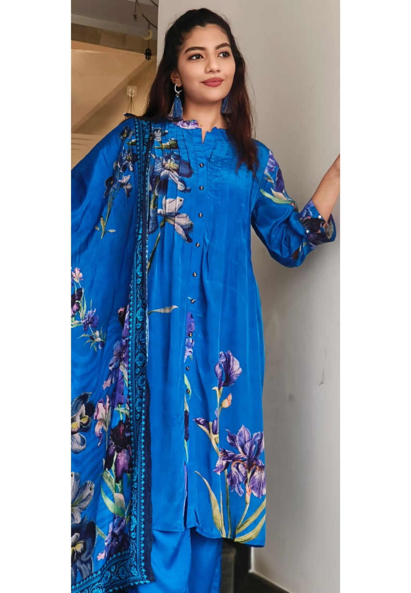 Floral Patched Look Mandarin Collar A-Line Full Suit Set With Dupatta In Crepe Fabric- 10718