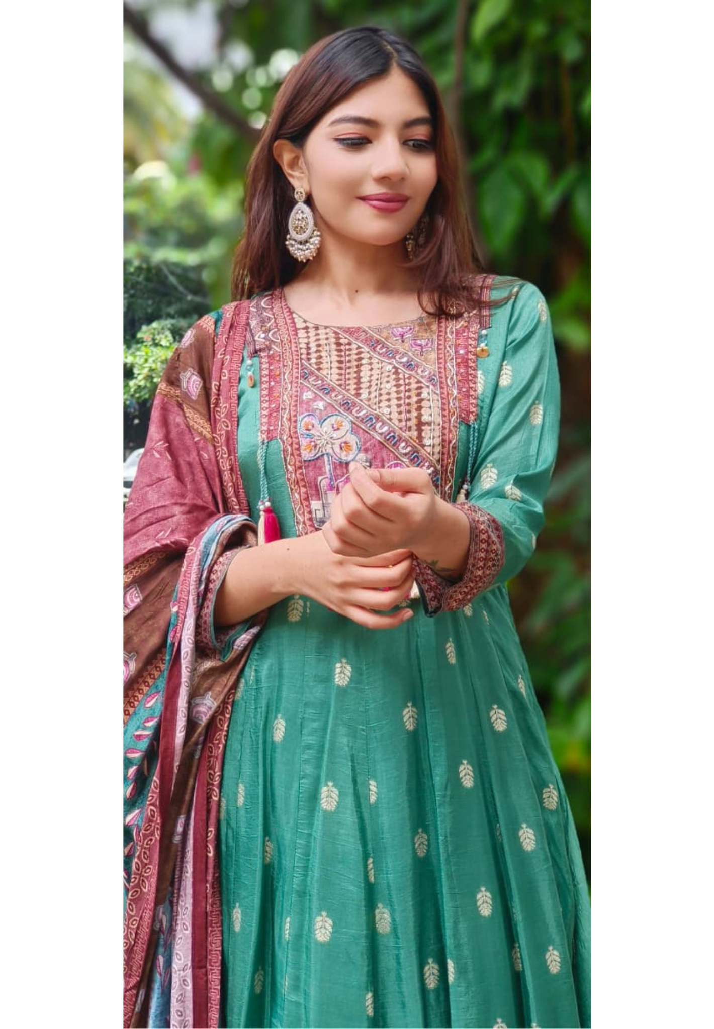 Beautifull Boho Look A-Line Silk Full Suit Set With Dupatta