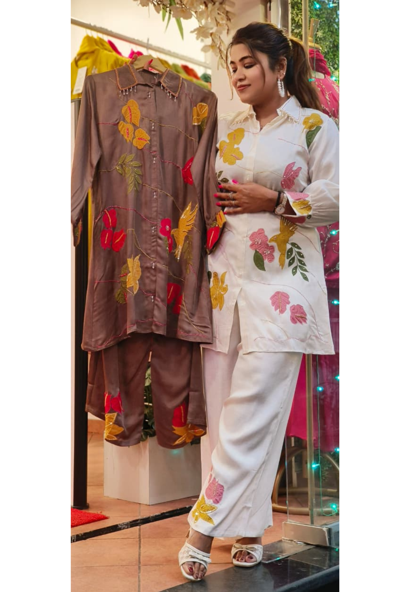 Graceful Leaves Collared Co-Ord Set With Embroidered Bottom In Organza Satin Fabric- 10781, 10782