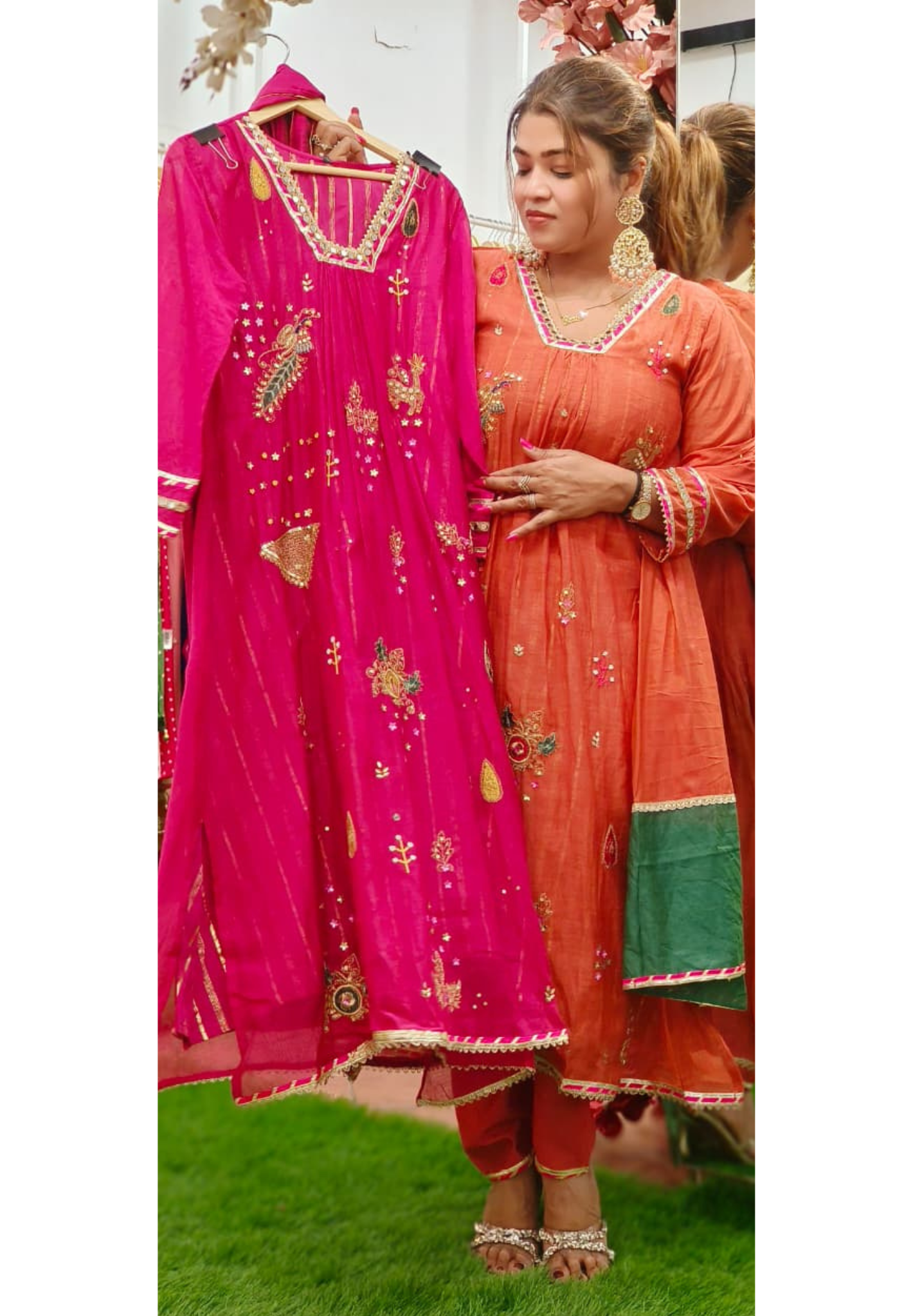 Beautiful Real Mirror V-Neck Embroidered Full Suit Set With Dupatta In Mul Chanderi Fabric- 10795, 10796