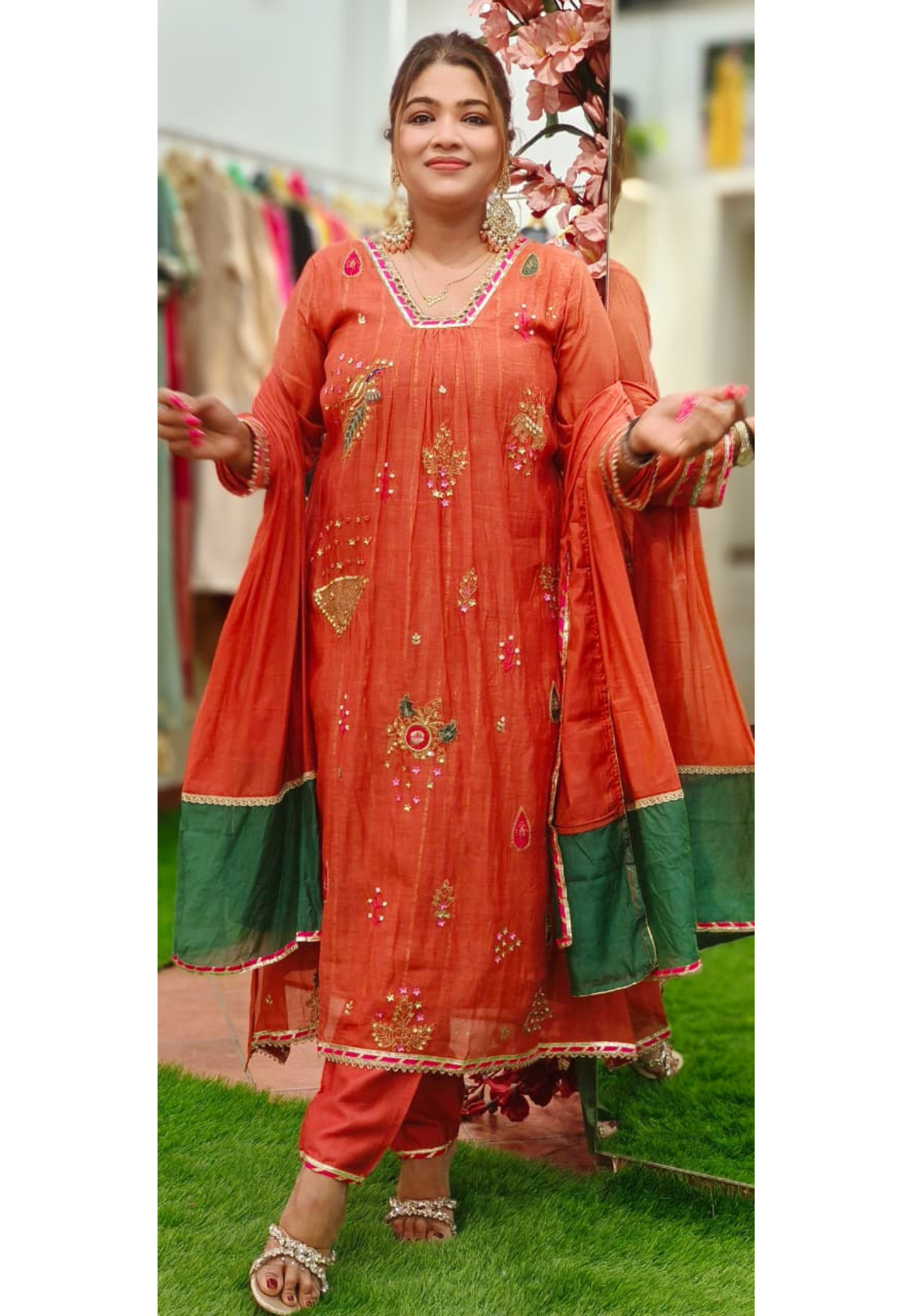 Beautiful Real Mirror V-Neck Embroidered Full Suit Set With Dupatta In Mul Chanderi Fabric- 10795, 10796