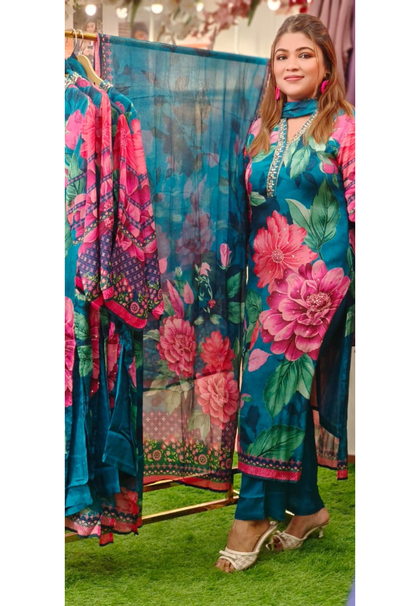 Minimal Neck Work Floral Bloom Chinon Full Suit Set With Dupatta- 10800